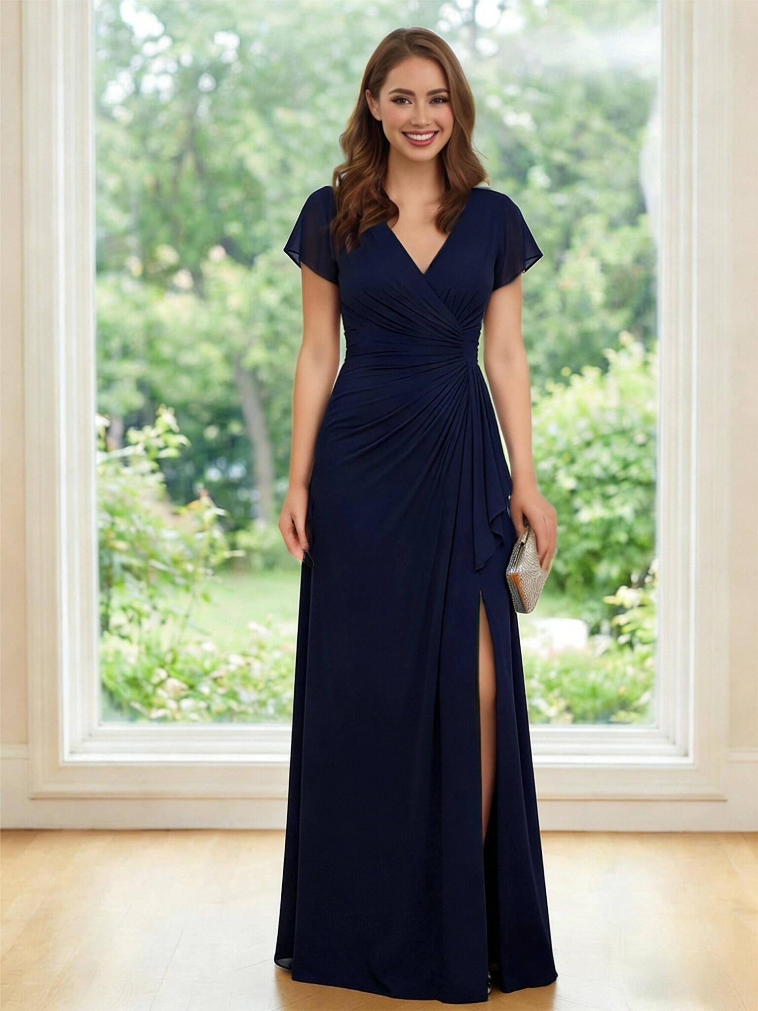 Chiffon V Neck Short Sleeves Ruffles A Line Mother of the Bride Dresses