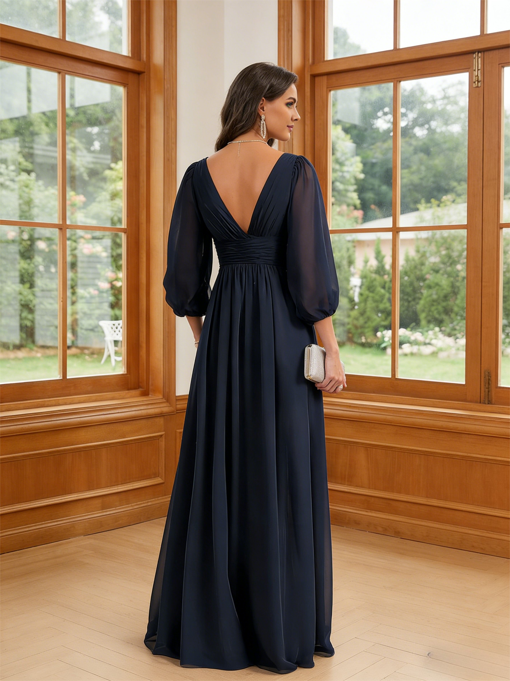 Chiffon V Neck Ruched A Line Mother of the Bride Dresses with Long Sleeves