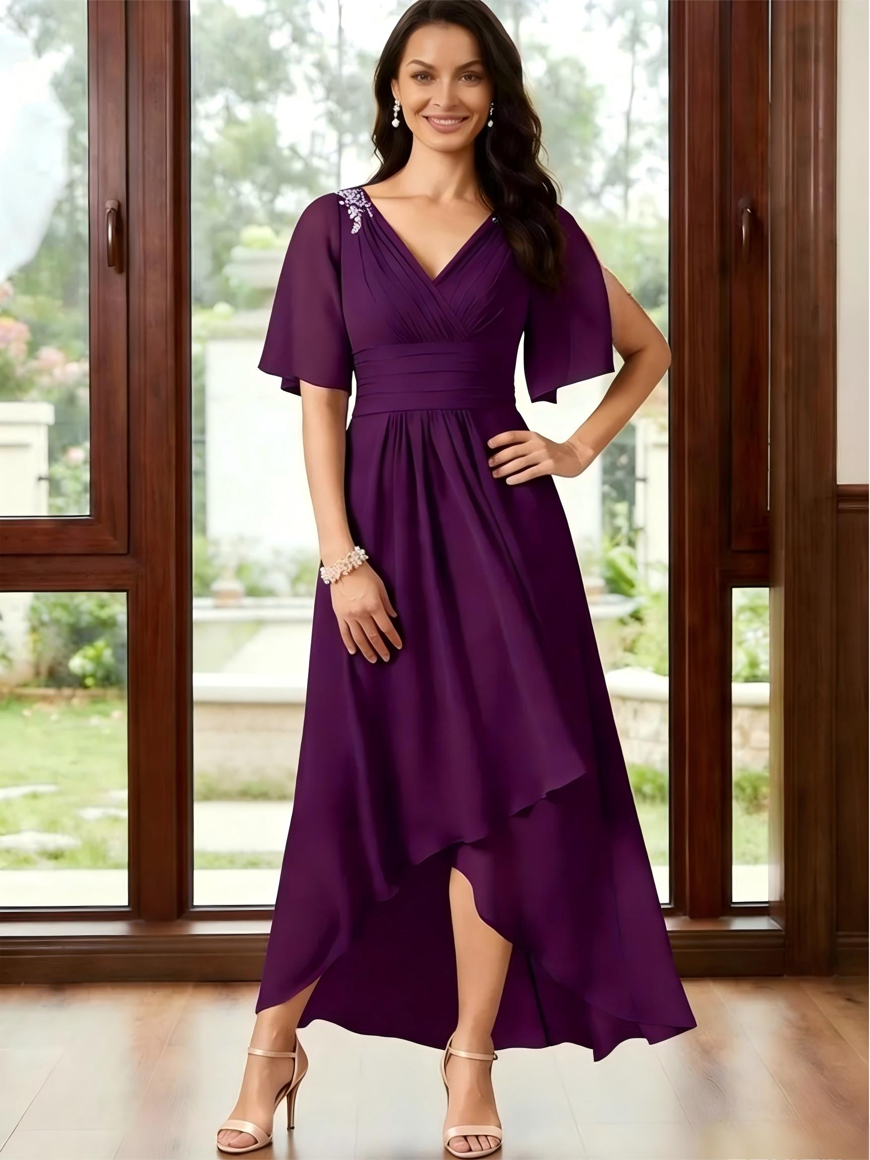 Chiffon V Neck Ruched A Line High Low Mother of the Bride Dresses
