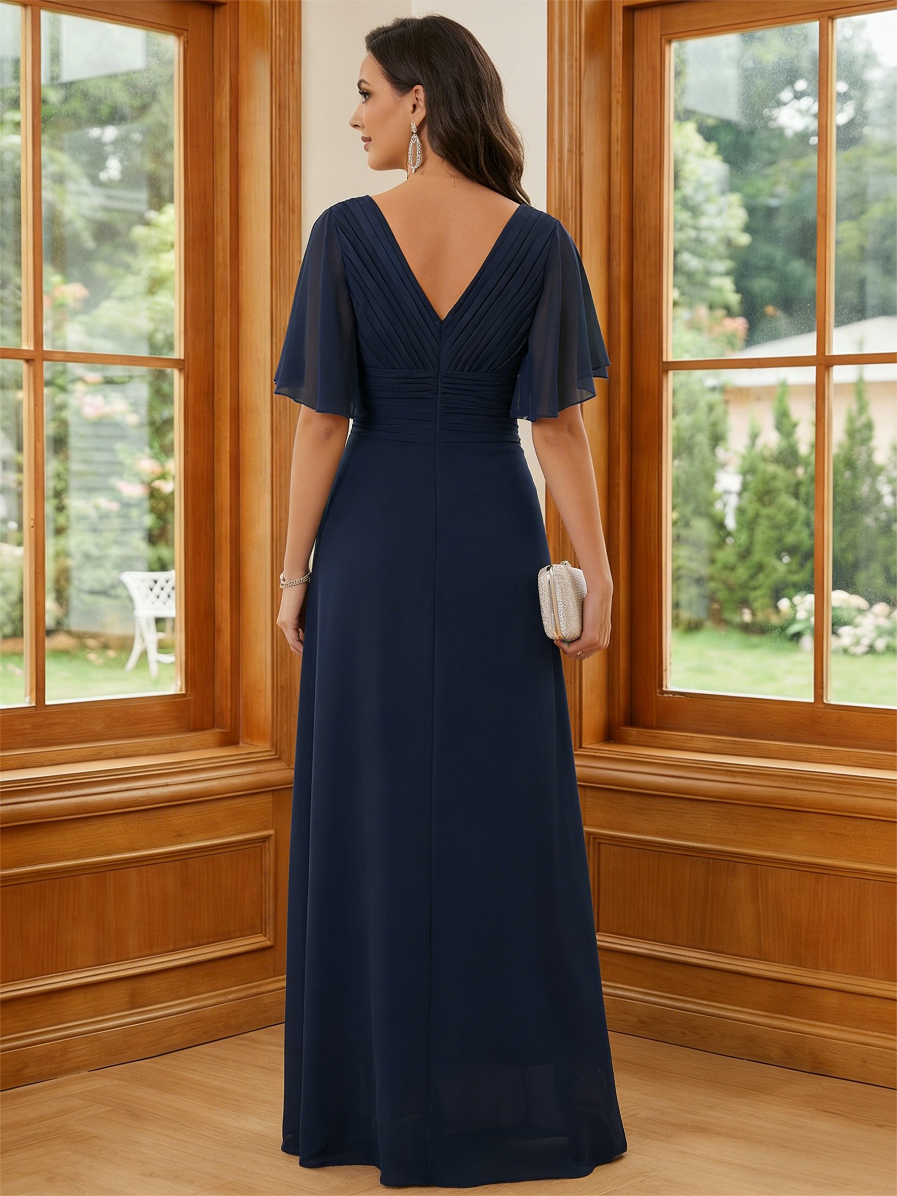 Chiffon V Neck Ruched A Line Mother of the Bride Dresses with Short Sleeves