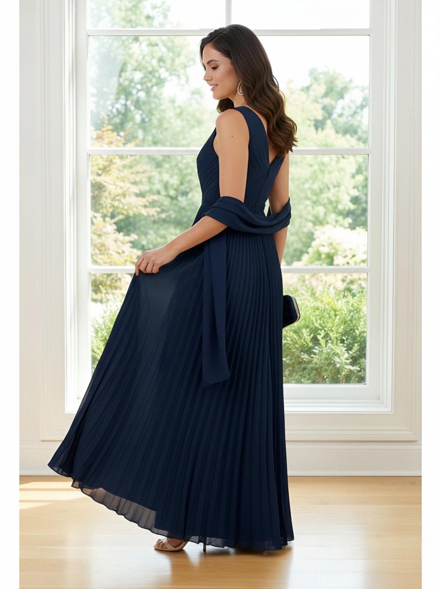 Chiffon V Neck Ruched A Line Slit Mother of the Bride Dresses with Scarf