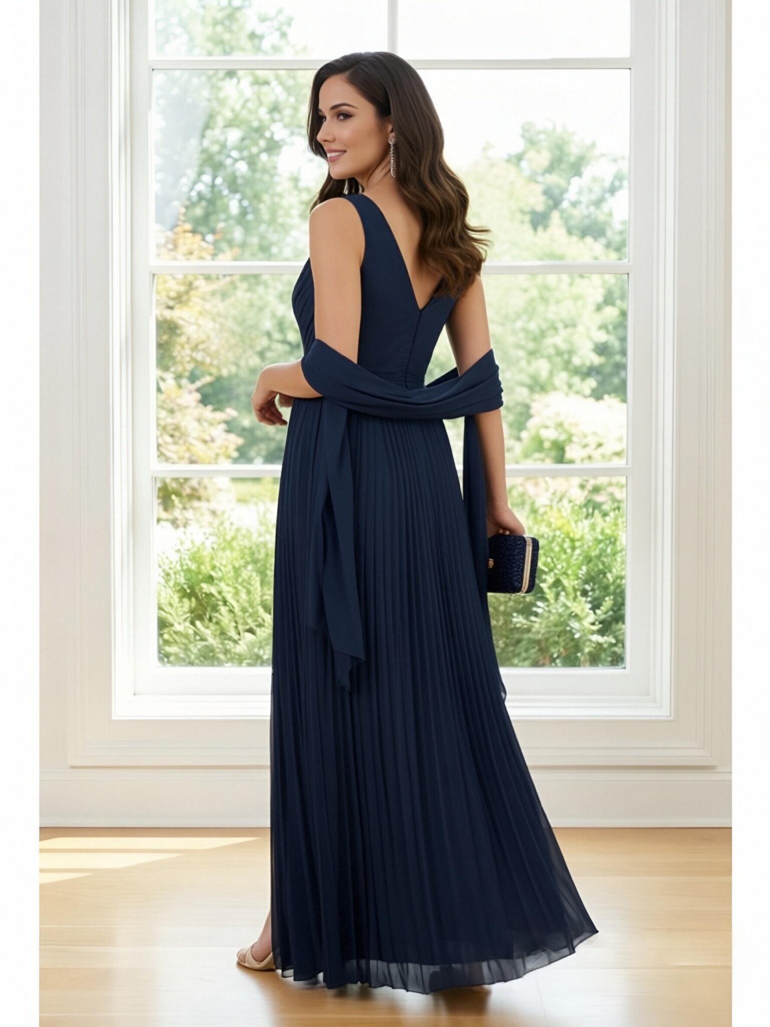 Chiffon V Neck Ruched A Line Slit Mother of the Bride Dresses with Scarf