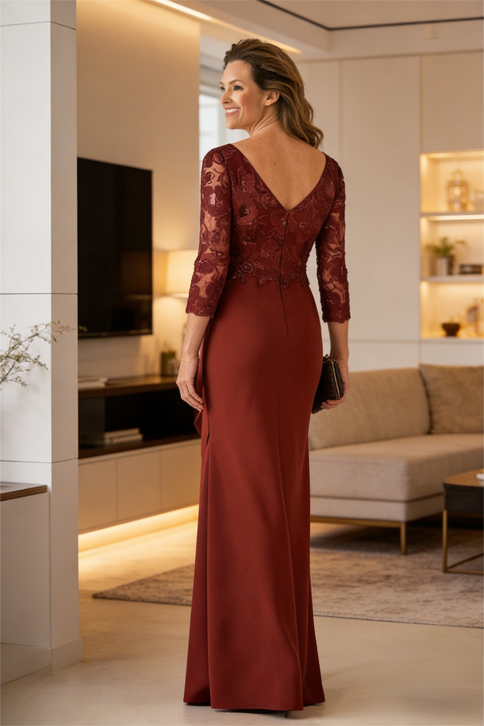 Satin V Neck Tiered Lace Appliques Mermaid Mother of the Bride Dresses