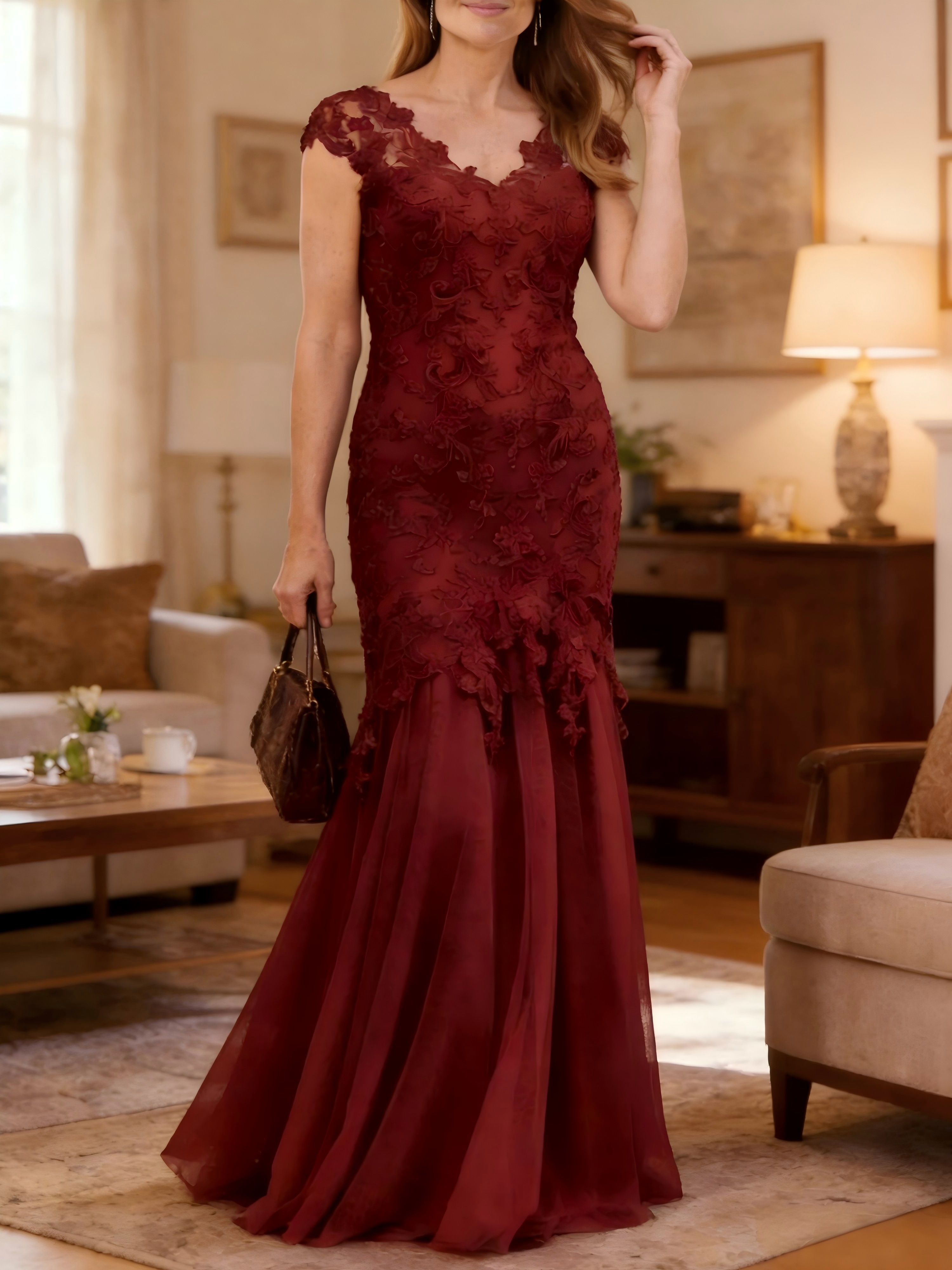 V Neck Lace Appliques Mermaid Mother of the Bride Dresses