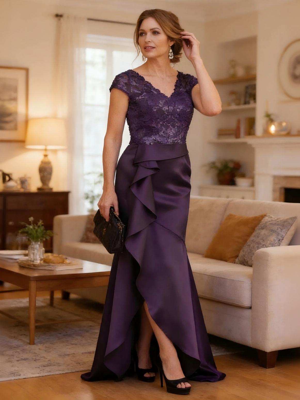 V Neck Lace Appliques Ruffles High Low Mother of the Bride Dresses