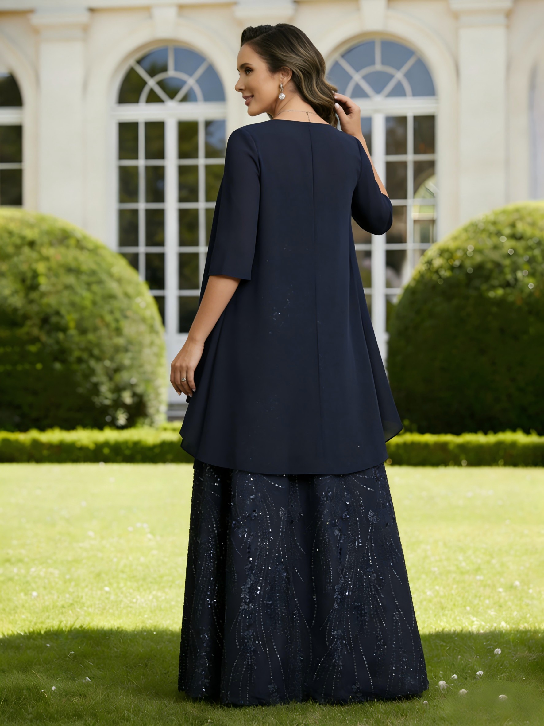 V Neck Lace Appliques Sequin A Line Tiered 2 Pieces Mother of the Bride Dresses