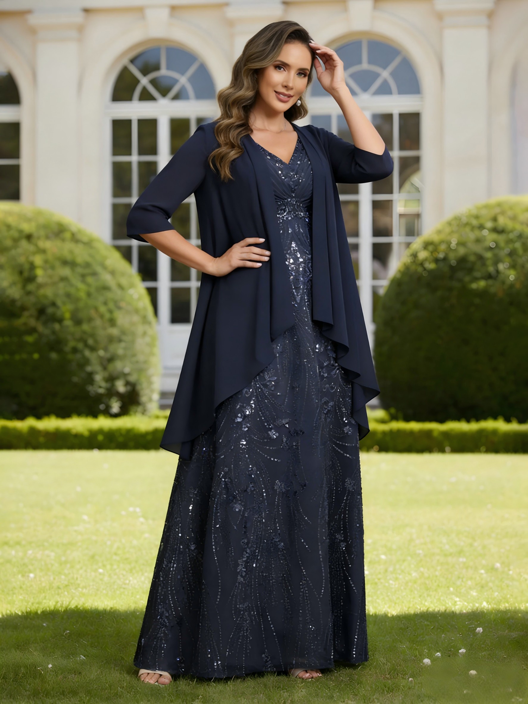 V Neck Lace Appliques Sequin A Line Tiered 2 Pieces Mother of the Bride Dresses