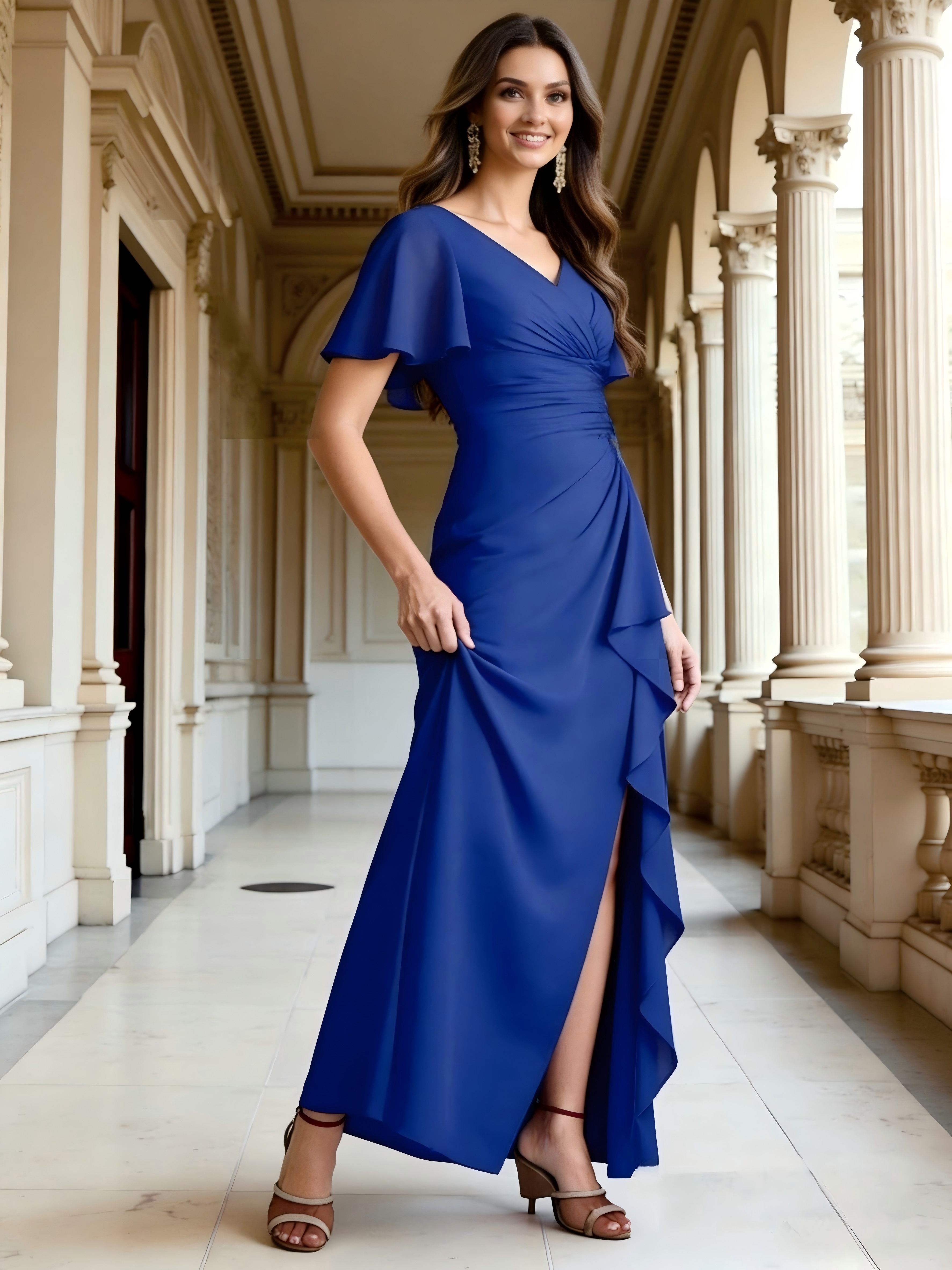 V Neck Chiffon A Line Ruffles Mother of the Bride Dresses with Slit