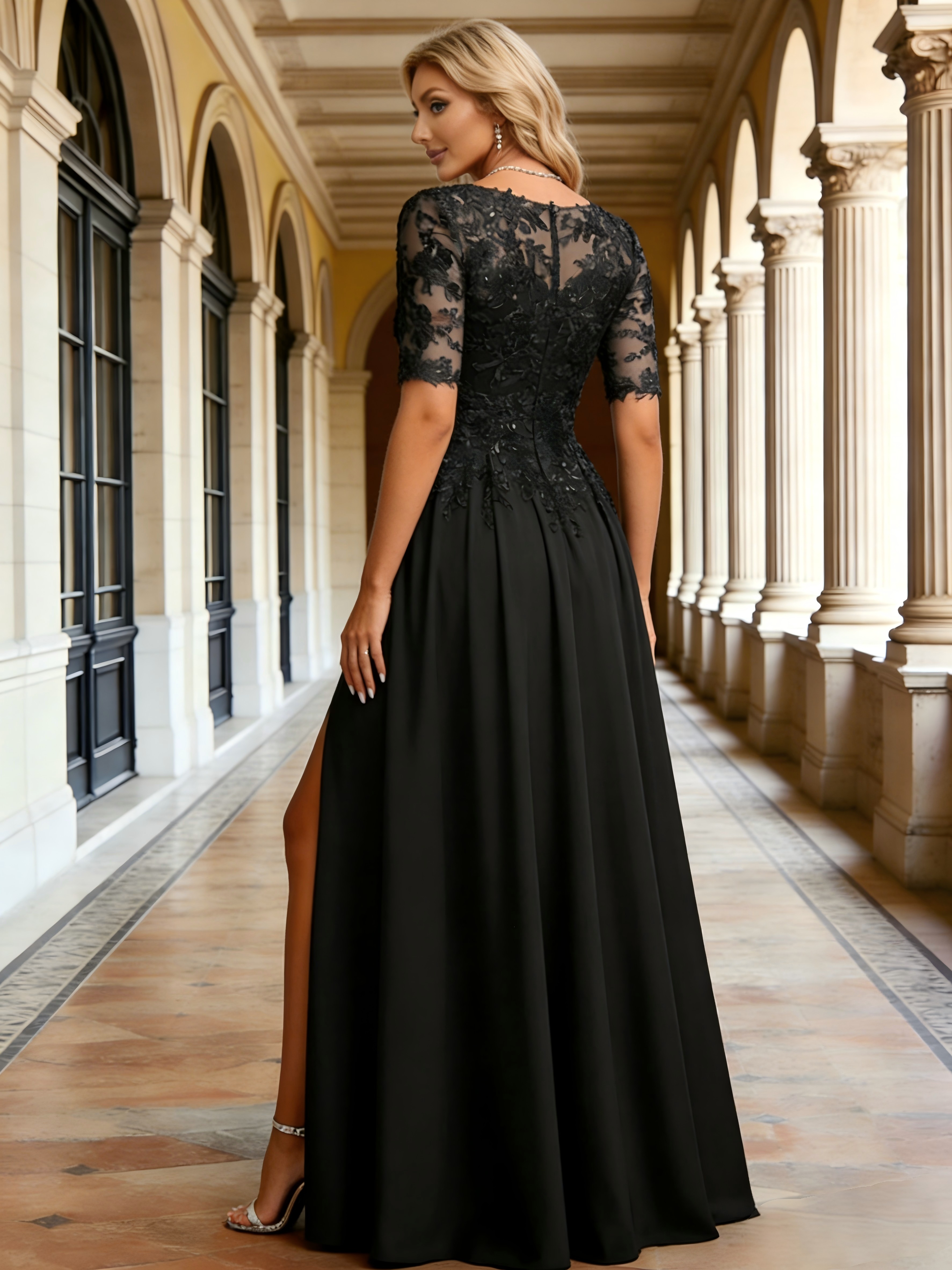 Round Neck Chiffon Lace Appliques Mother of the Bride Dresses with Slit