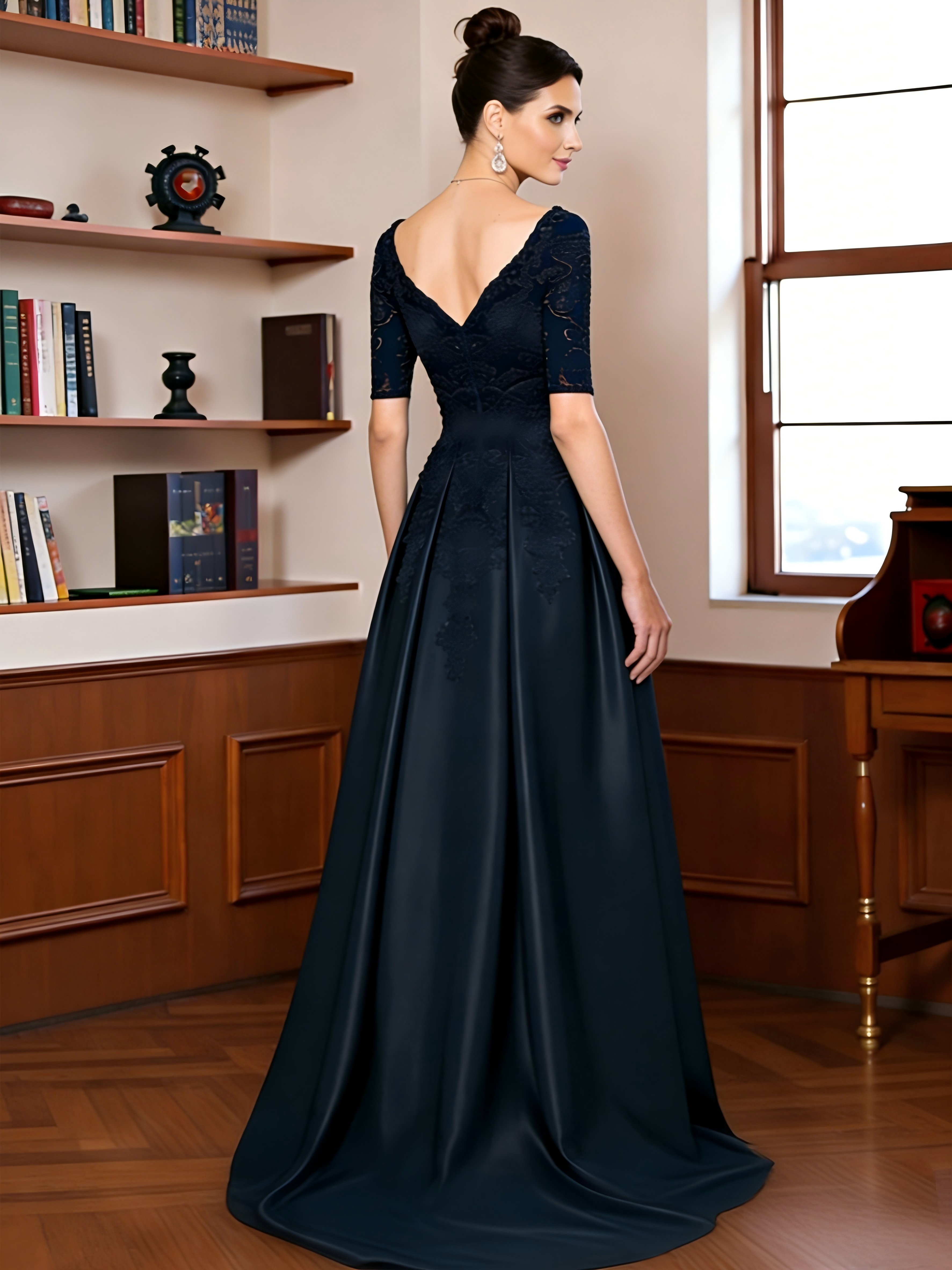 V Neck Satin Short Sleeves A Line Pleated Mother of the Bride Dresses