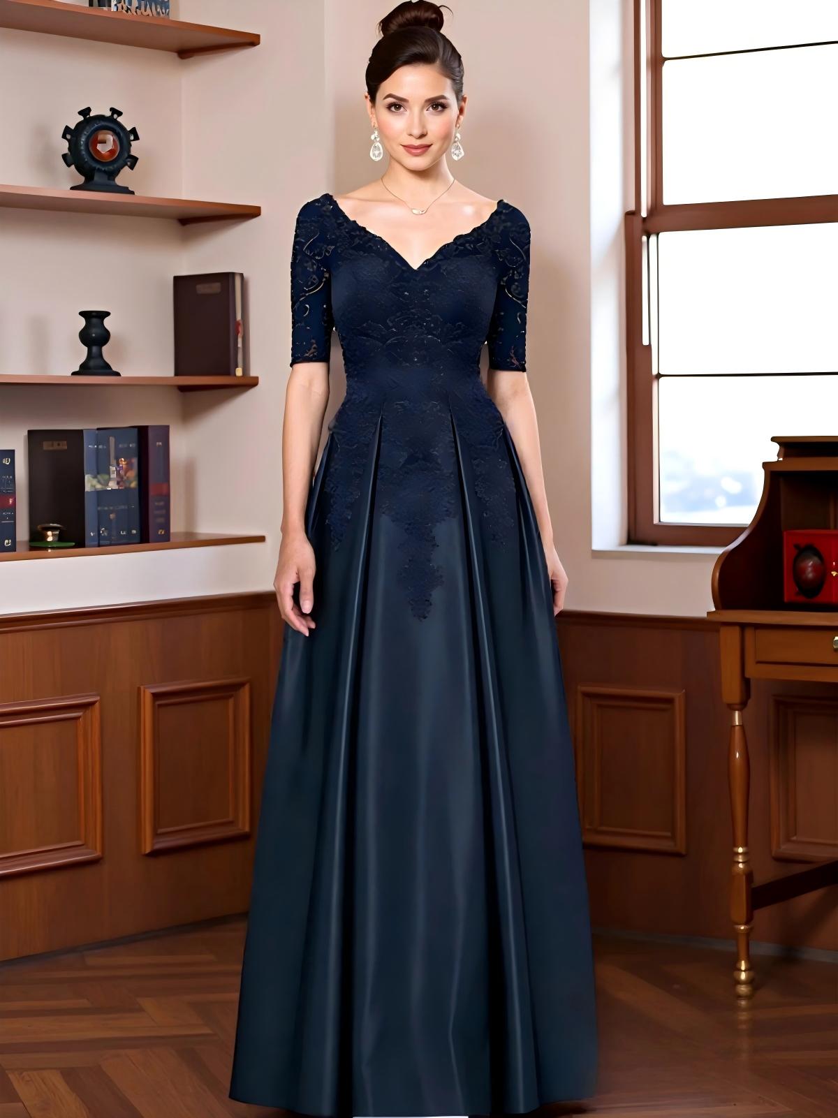 V Neck Satin Short Sleeves A Line Pleated Mother of the Bride Dresses