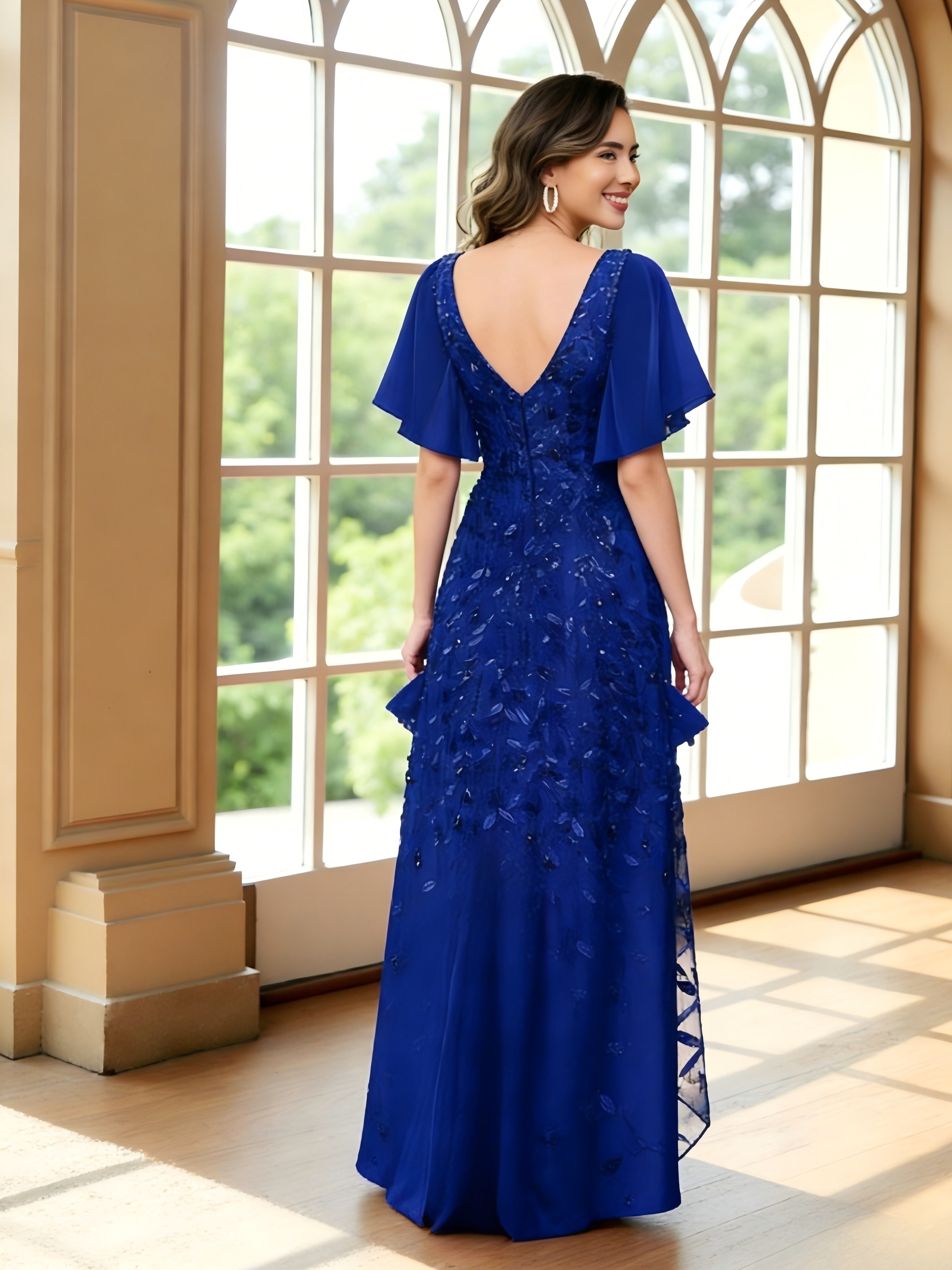 Sequin V Neck Short Sleeves Ruffles Pleated Mother of the Bride Dresses with Slit