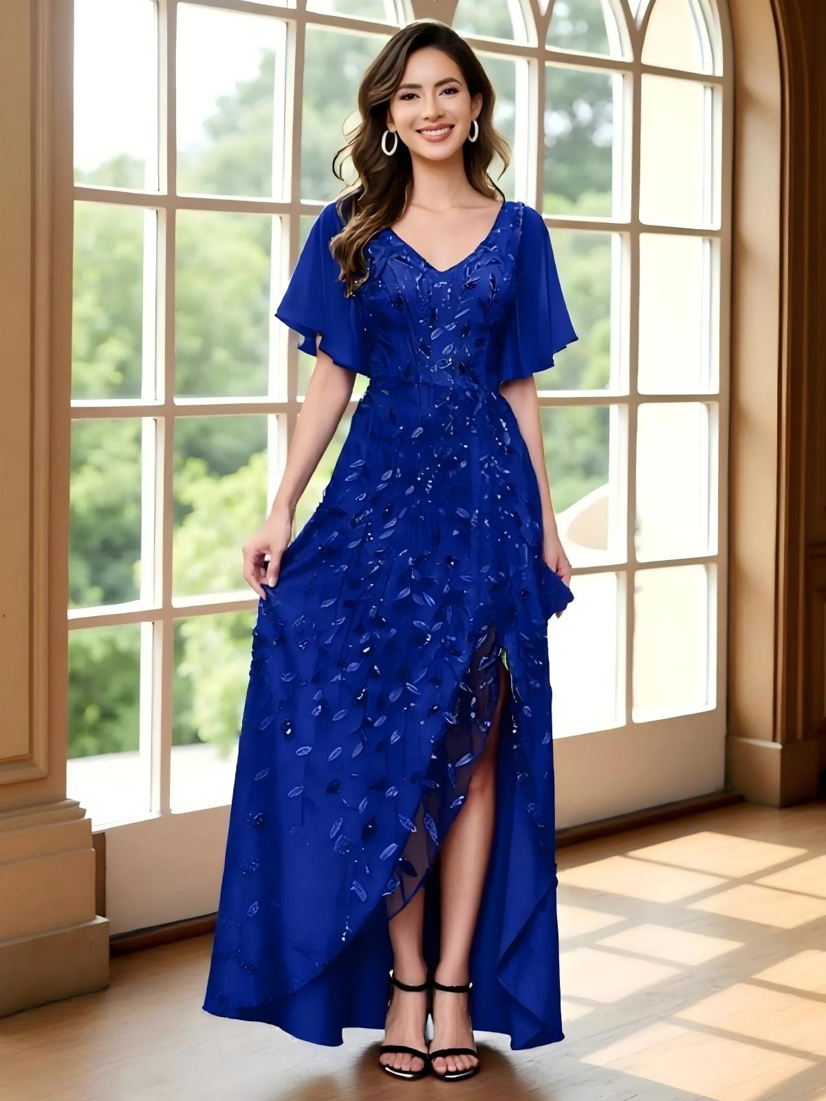 Sequin V Neck Short Sleeves Ruffles Pleated Mother of the Bride Dresses with Slit