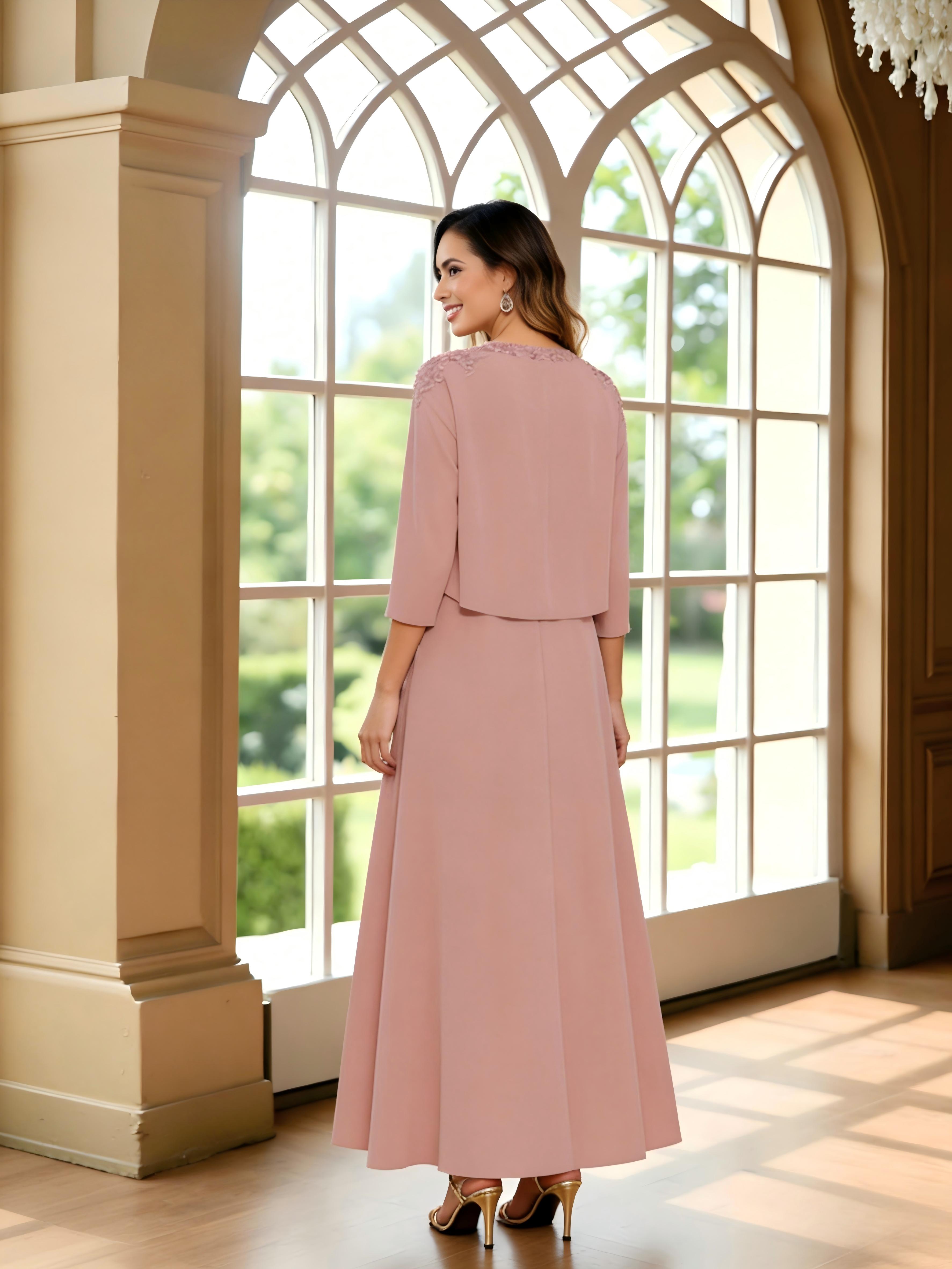 2 Picecs Chiffon V Neck Long Sleeves A Line Pleated Mother of the Bride Dresses