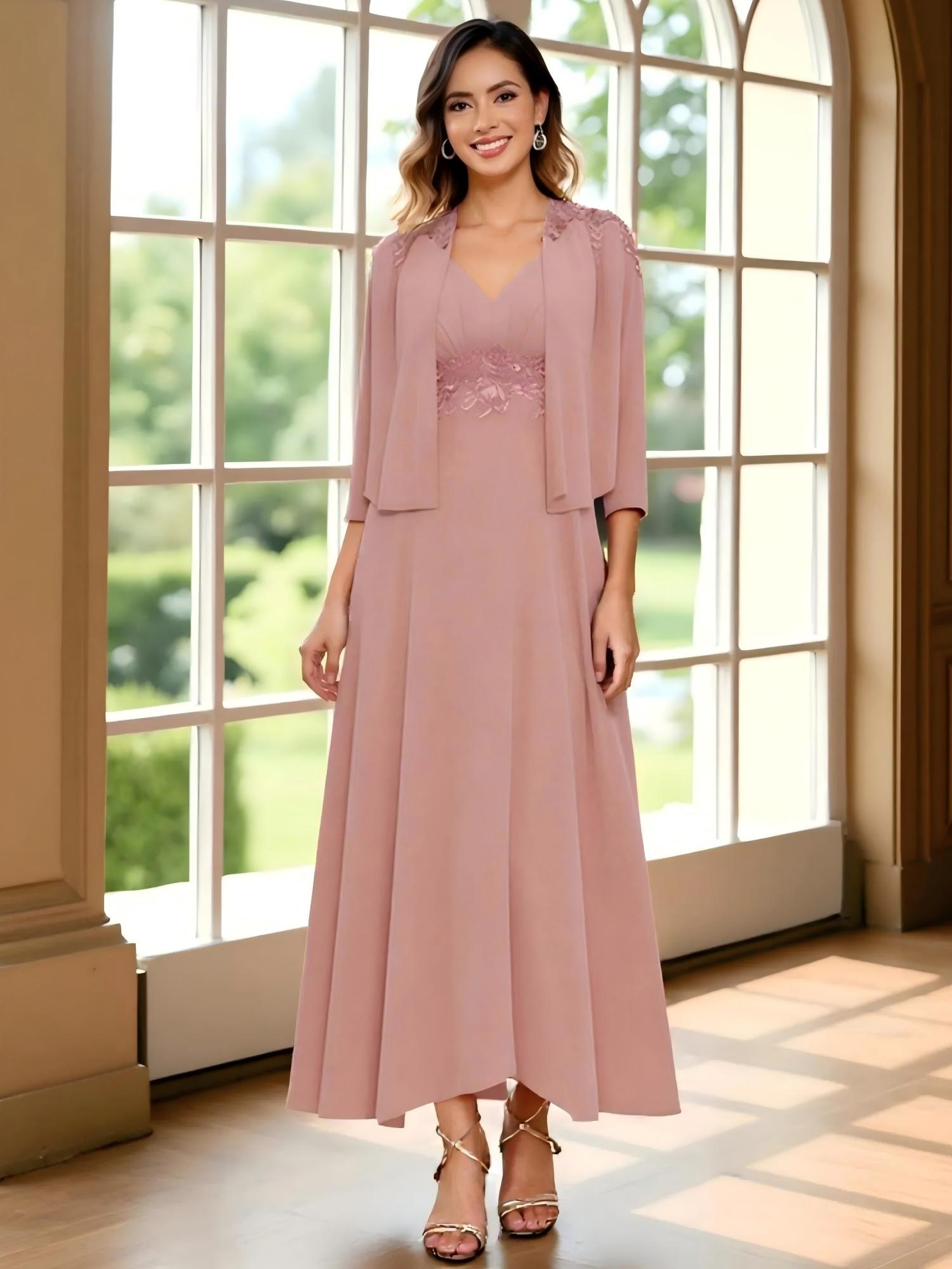 2 Picecs Chiffon Lace Appliques Long Sleeves A Line Pleated Mother of the Bride Dresses