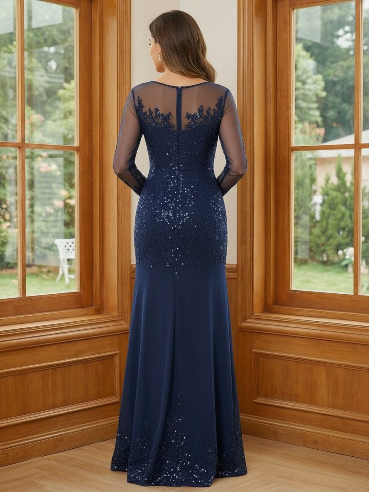 Round Neck Lace Appliques Sequin Mother of the Bride Dresses