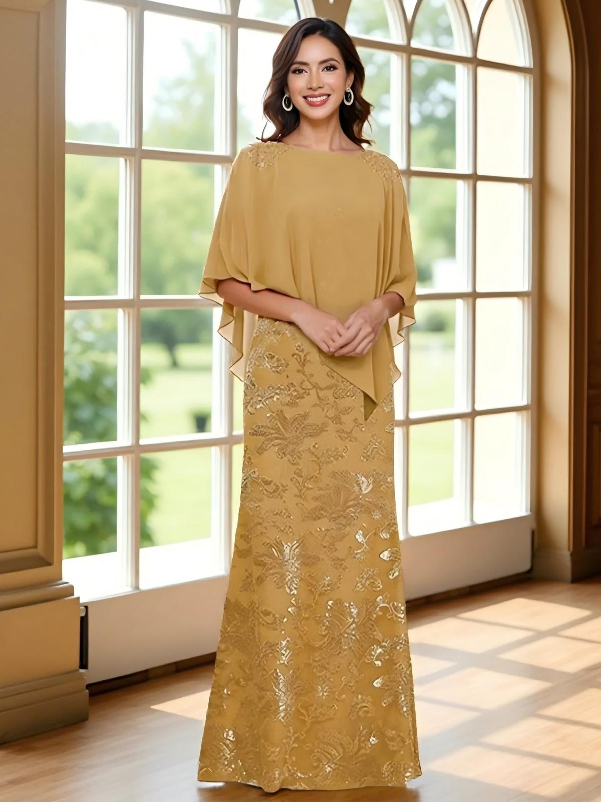 2 Picecs Round Neck Sequin Mermaid Short Sleeves Mother of the Bride Dresses