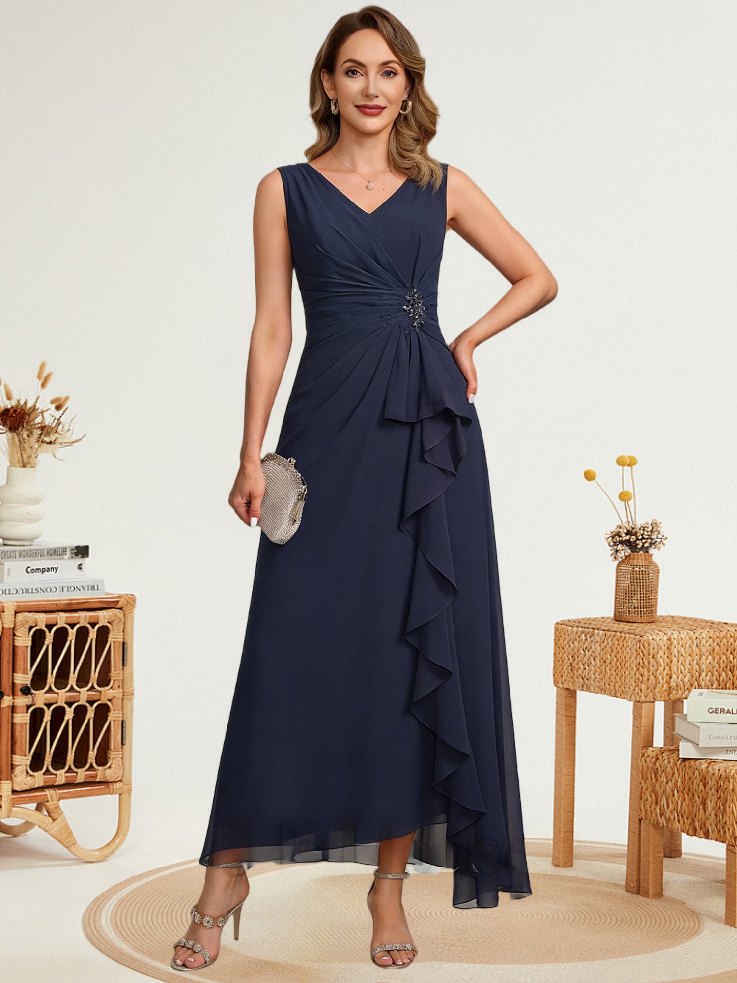V Neck Chiffon Mother of the Bride Dresses with Ruffles