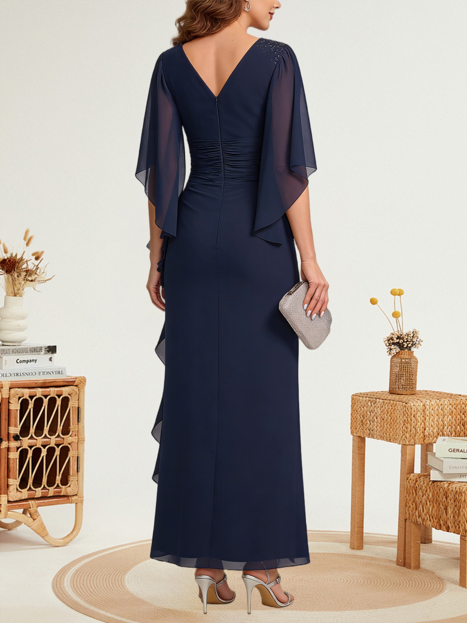 V Neck Chiffon Mother of the Bride Dresses with Sleeves