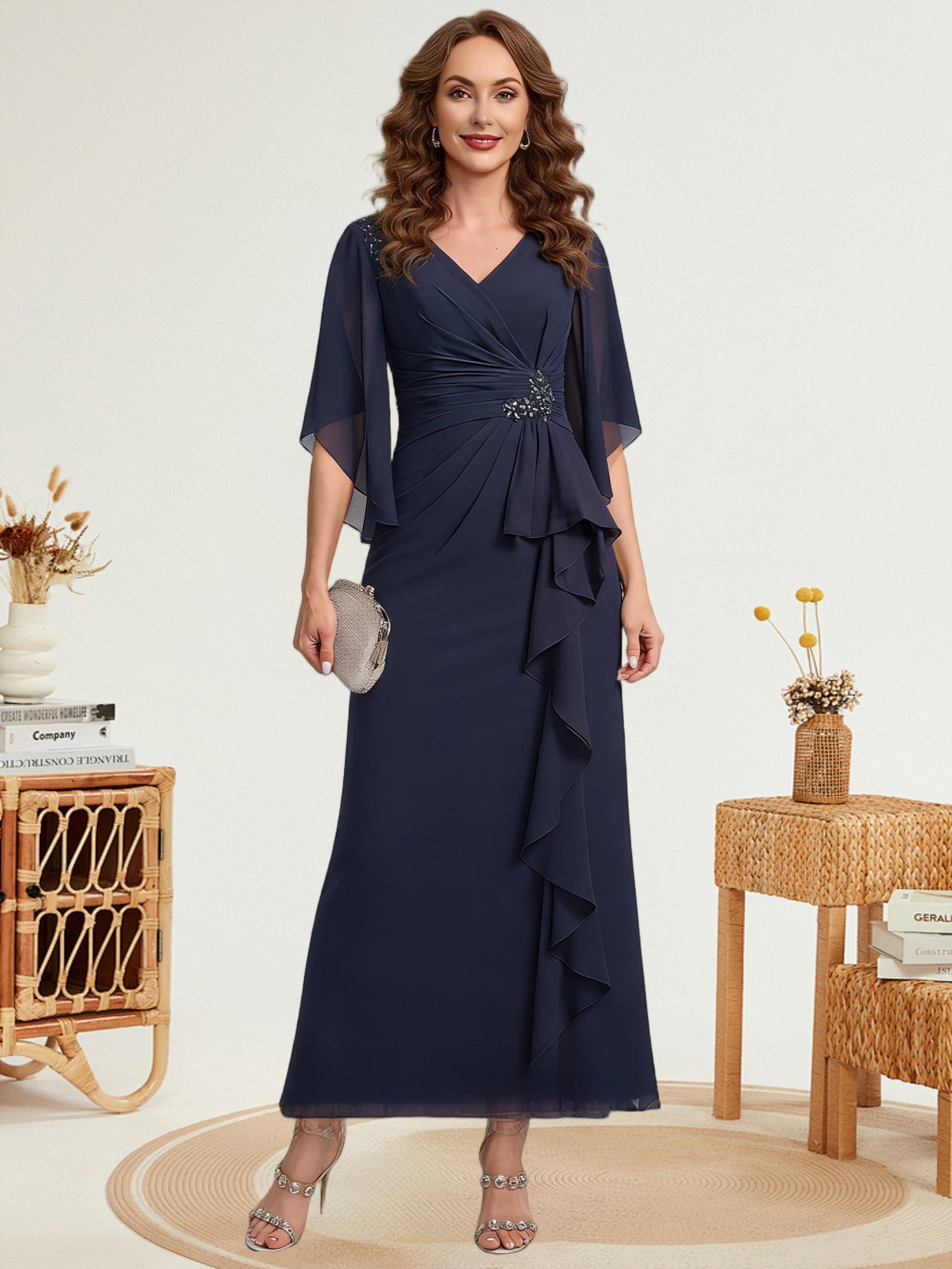 V Neck Chiffon Mother of the Bride Dresses with Sleeves