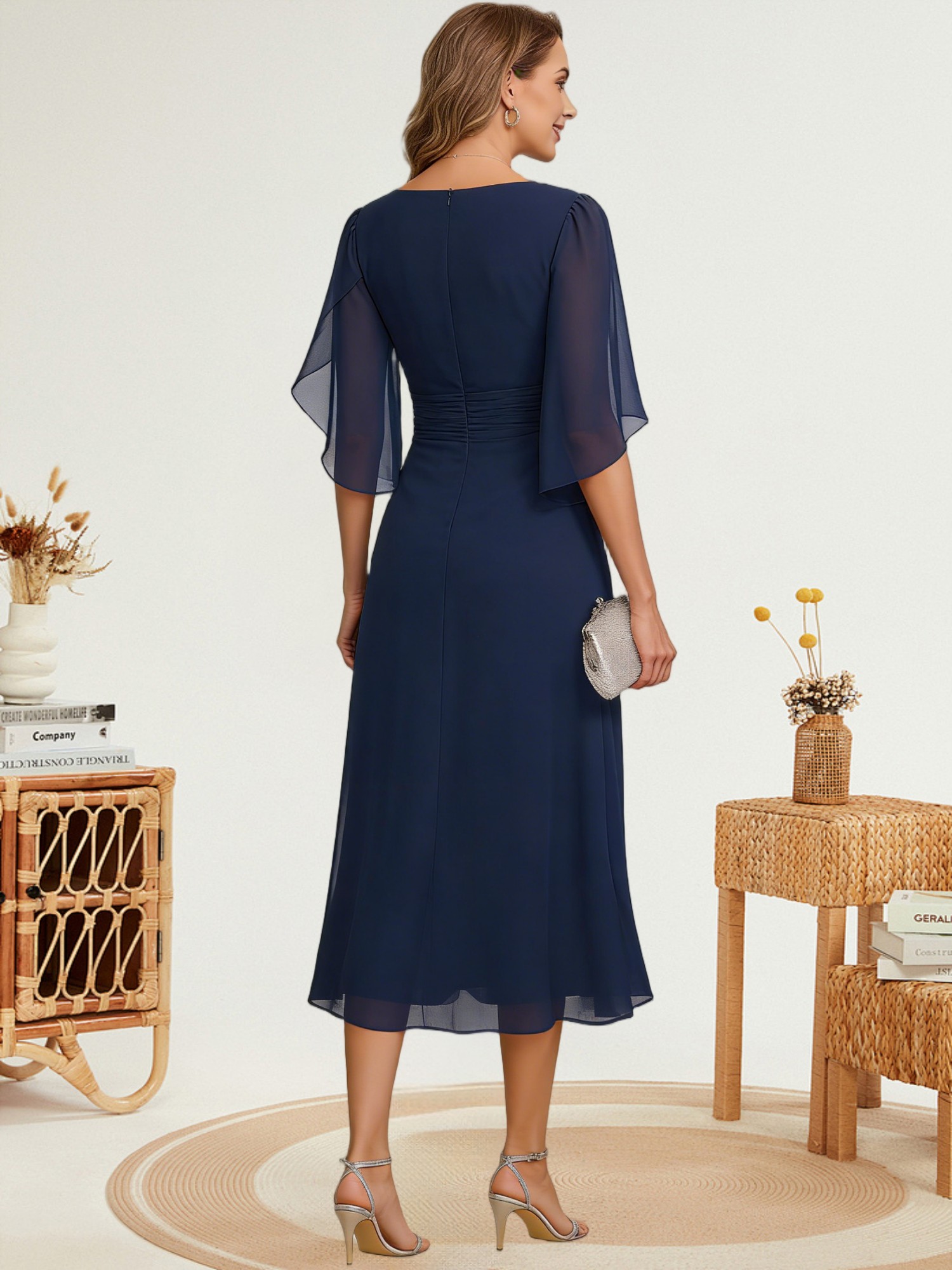 Tea Length Chiffon Mother of the Bride Dresses with Sleeves