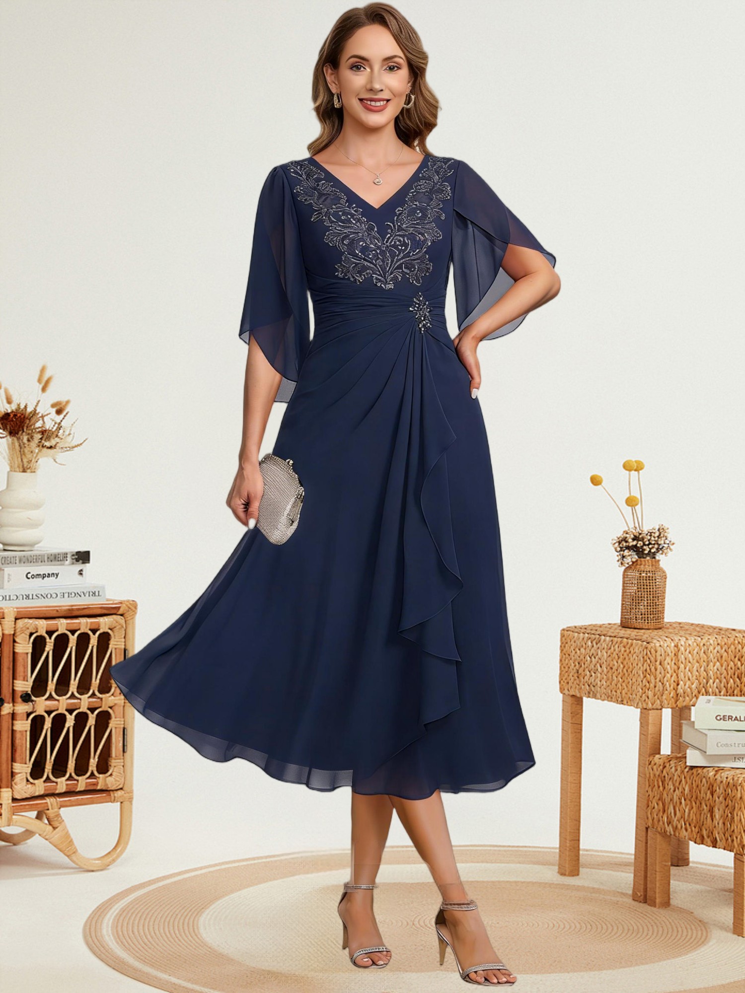 Tea Length Chiffon Mother of the Bride Dresses with Sleeves