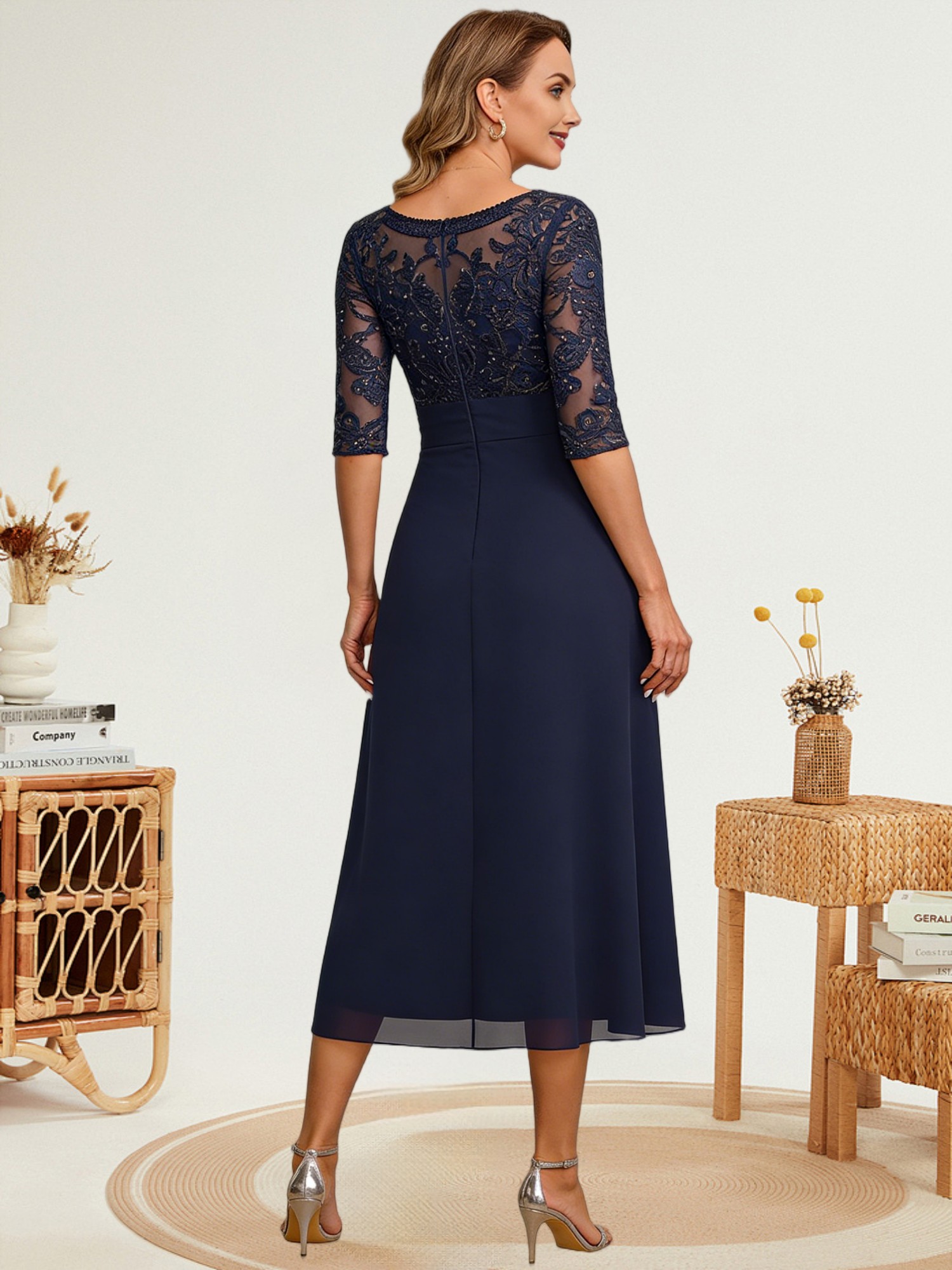 Lace Appliques Chiffon Mother of the Bride Dresses with Sleeves