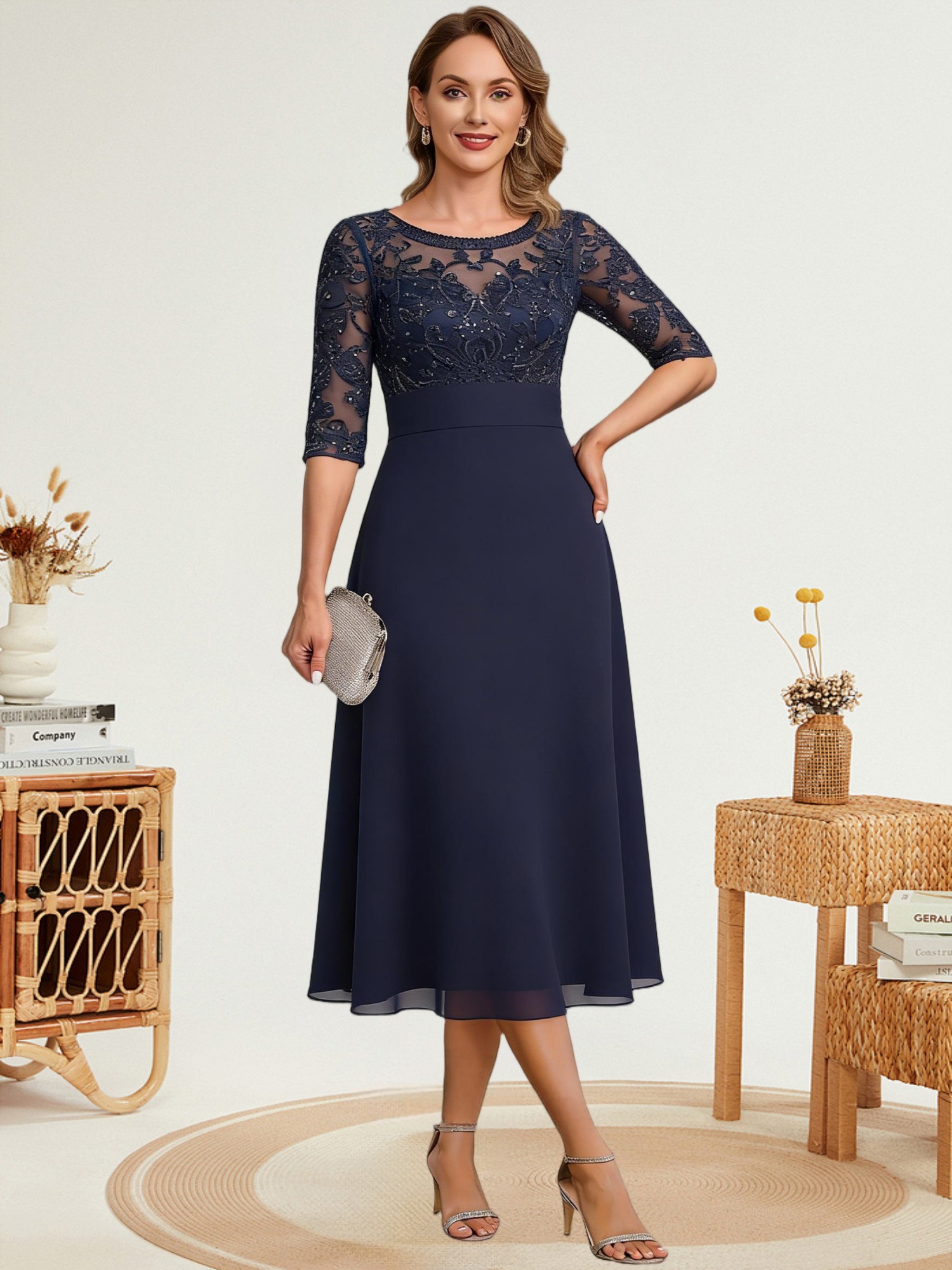 Lace Appliques Chiffon Mother of the Bride Dresses with Sleeves