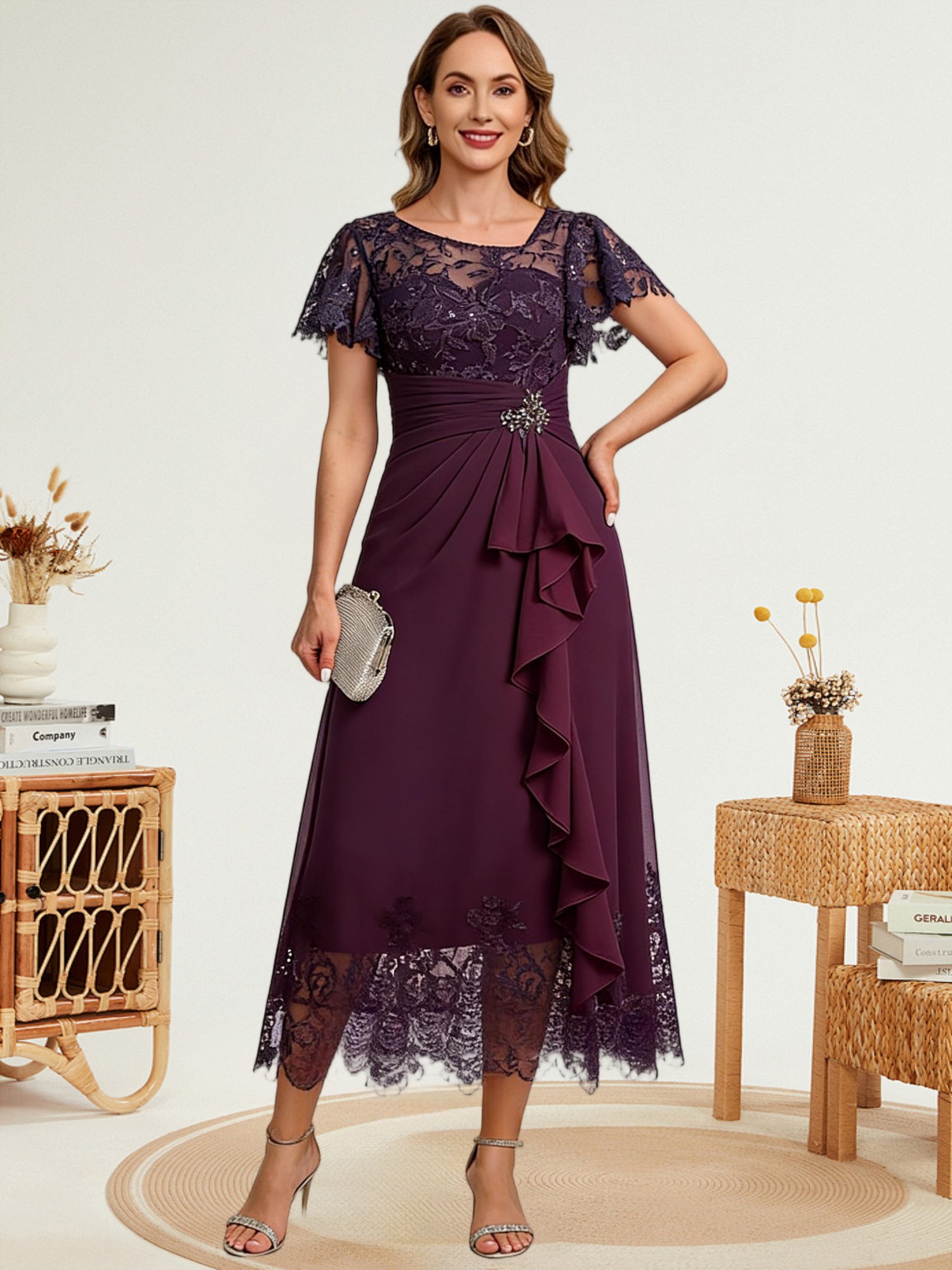 Square Neck Chiffon Mother of the Bride Dresses with Sleeves
