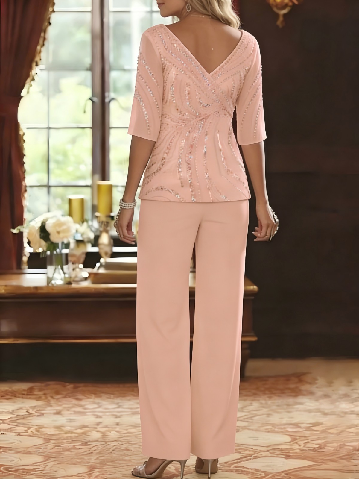 Chiffon V Neck Sequin 2 Pieces Suitcase Mother of the Bride Dresses