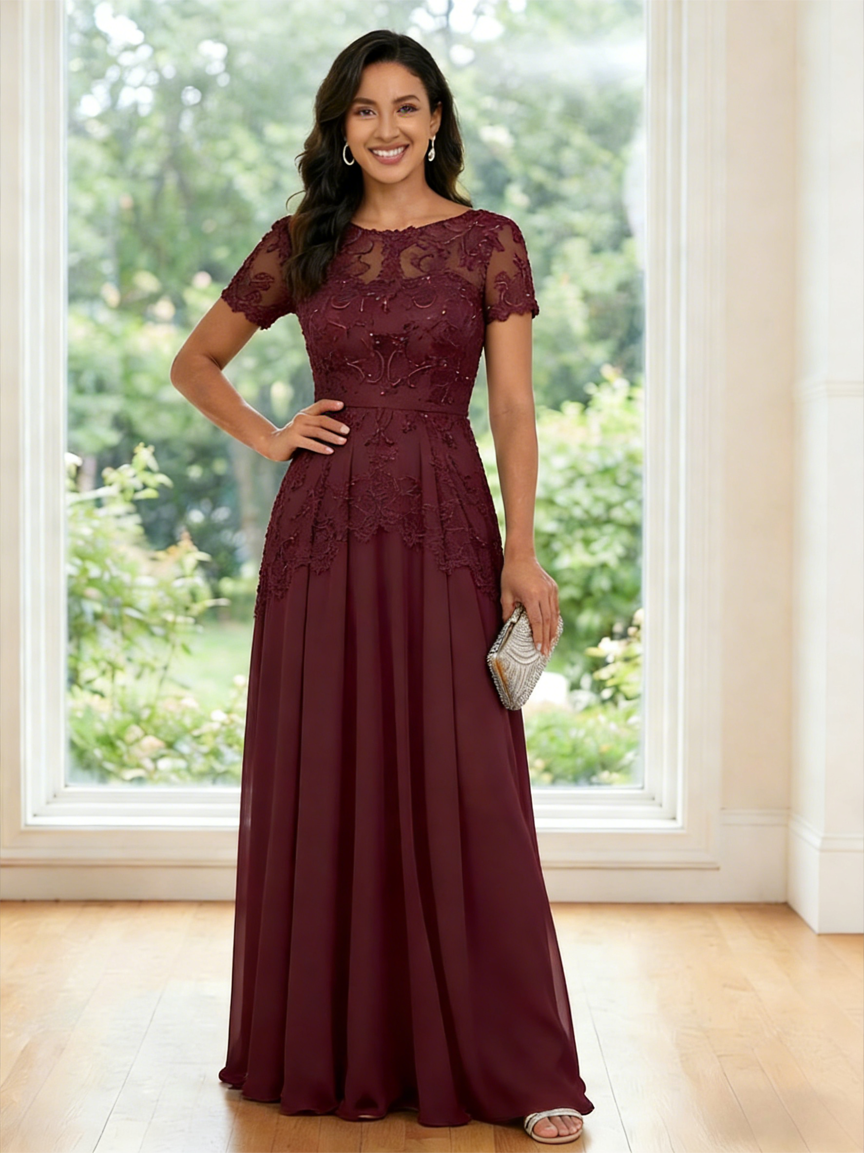 Round Neck Chiffon Lace Appliques A Line Mother of the Bride Dresses