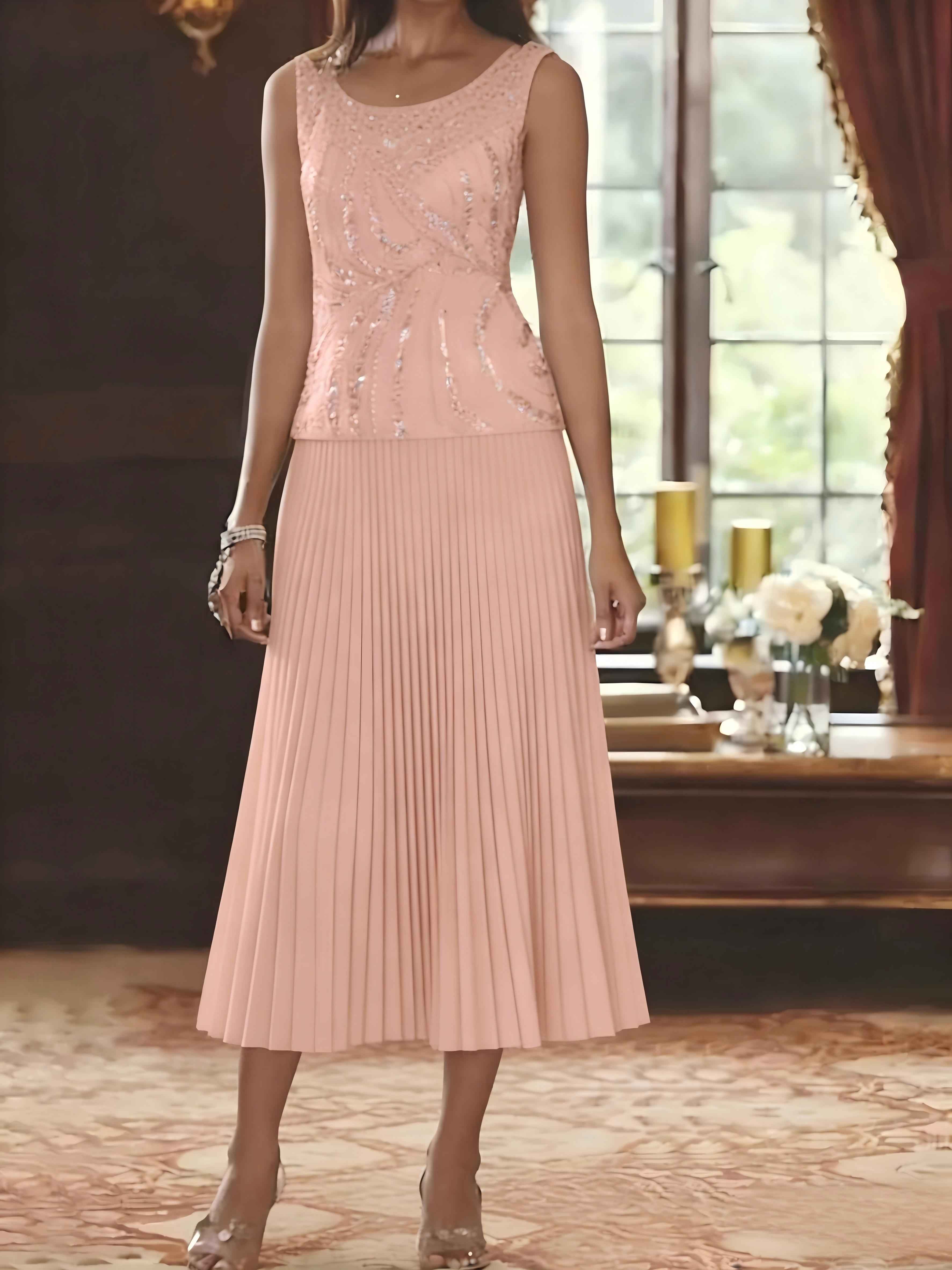 Suitcase Round Neck Sequin Chiffon Pleated Mother of the Bride Dresses