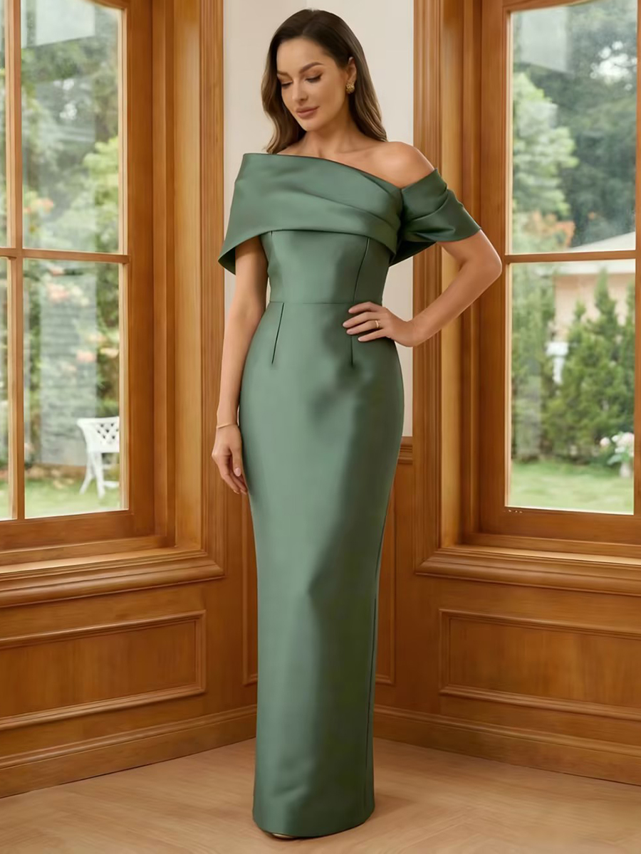 One Shoulder Satin Sheath Short Sleeves Mother of the Bride Dresses