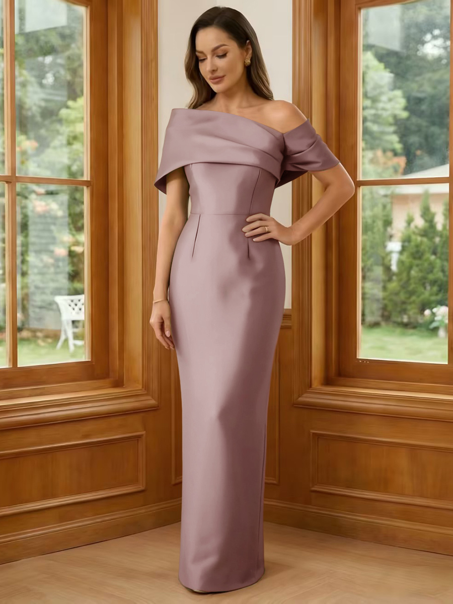One Shoulder Satin Sheath Short Sleeves Mother of the Bride Dresses