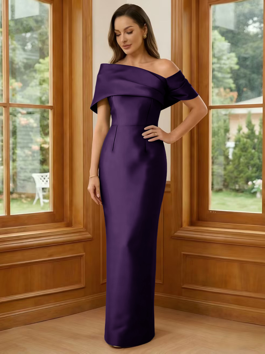 One Shoulder Satin Sheath Short Sleeves Mother of the Bride Dresses