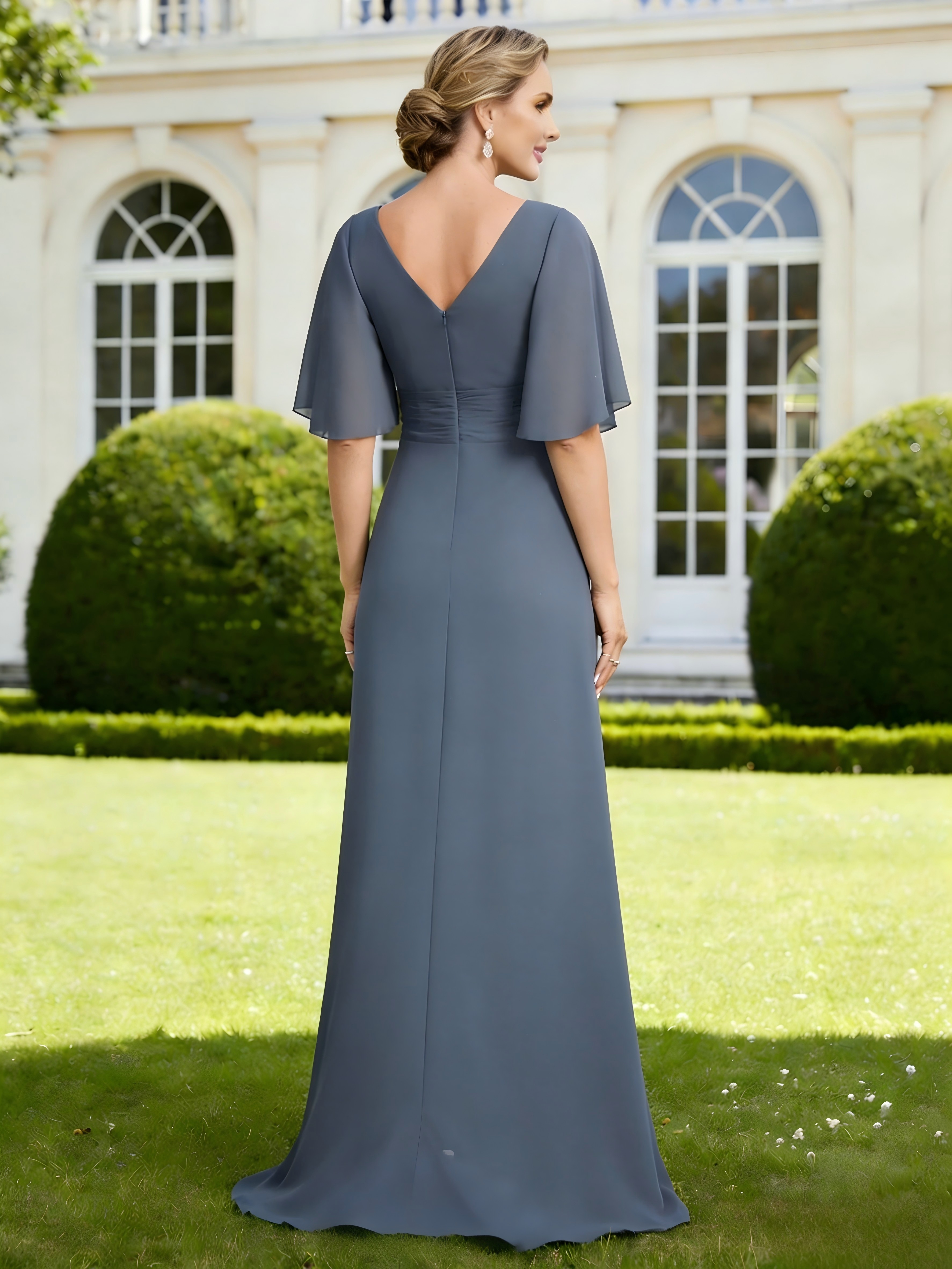 V Neck Chiffon Short Sleeves Ruffles Mother of the Bride Dresses with Slit