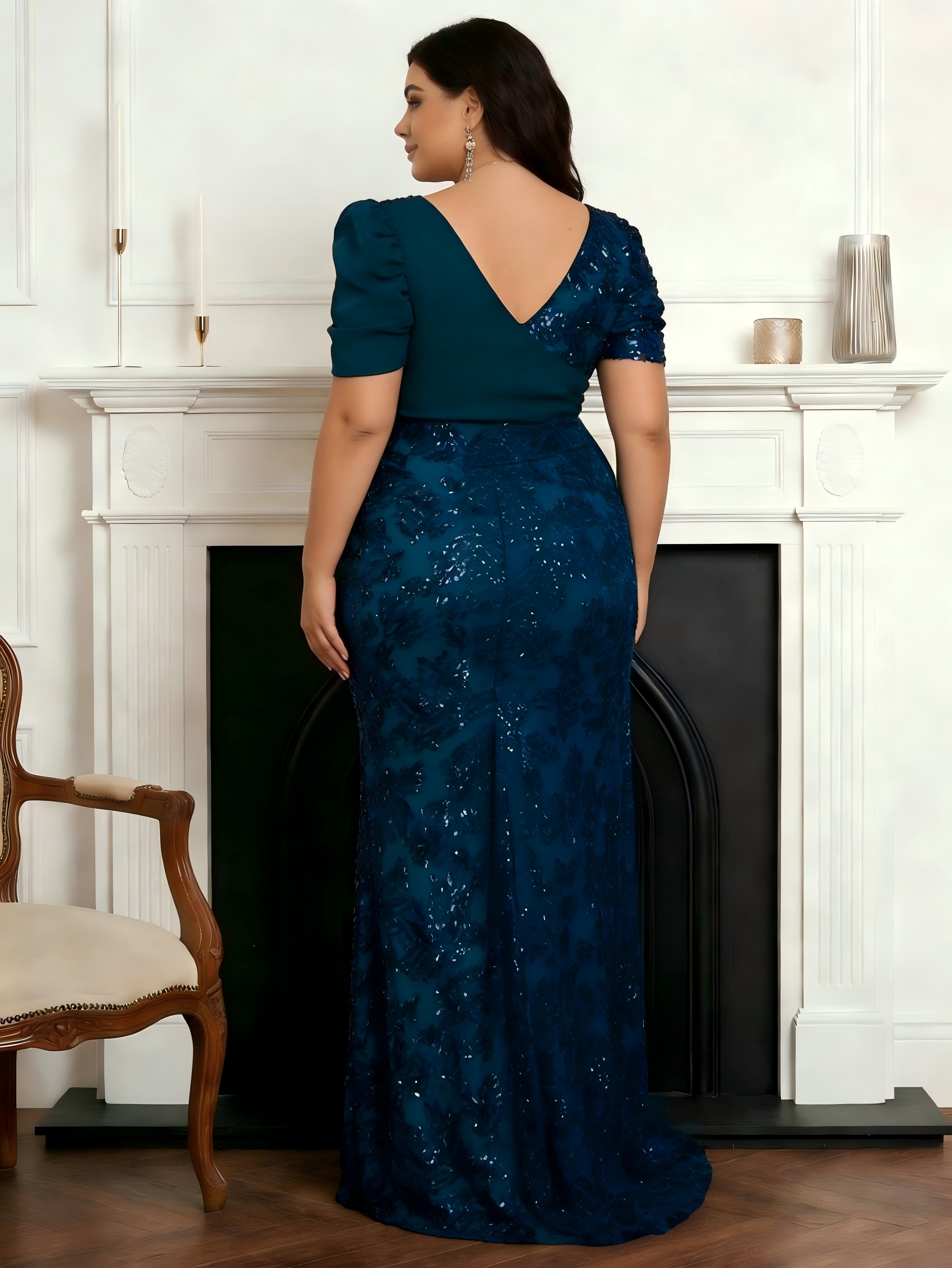 Chiffon V Neck Ruched Mermaid Lace Appliques Plus Size Mother of the Bride Dresses