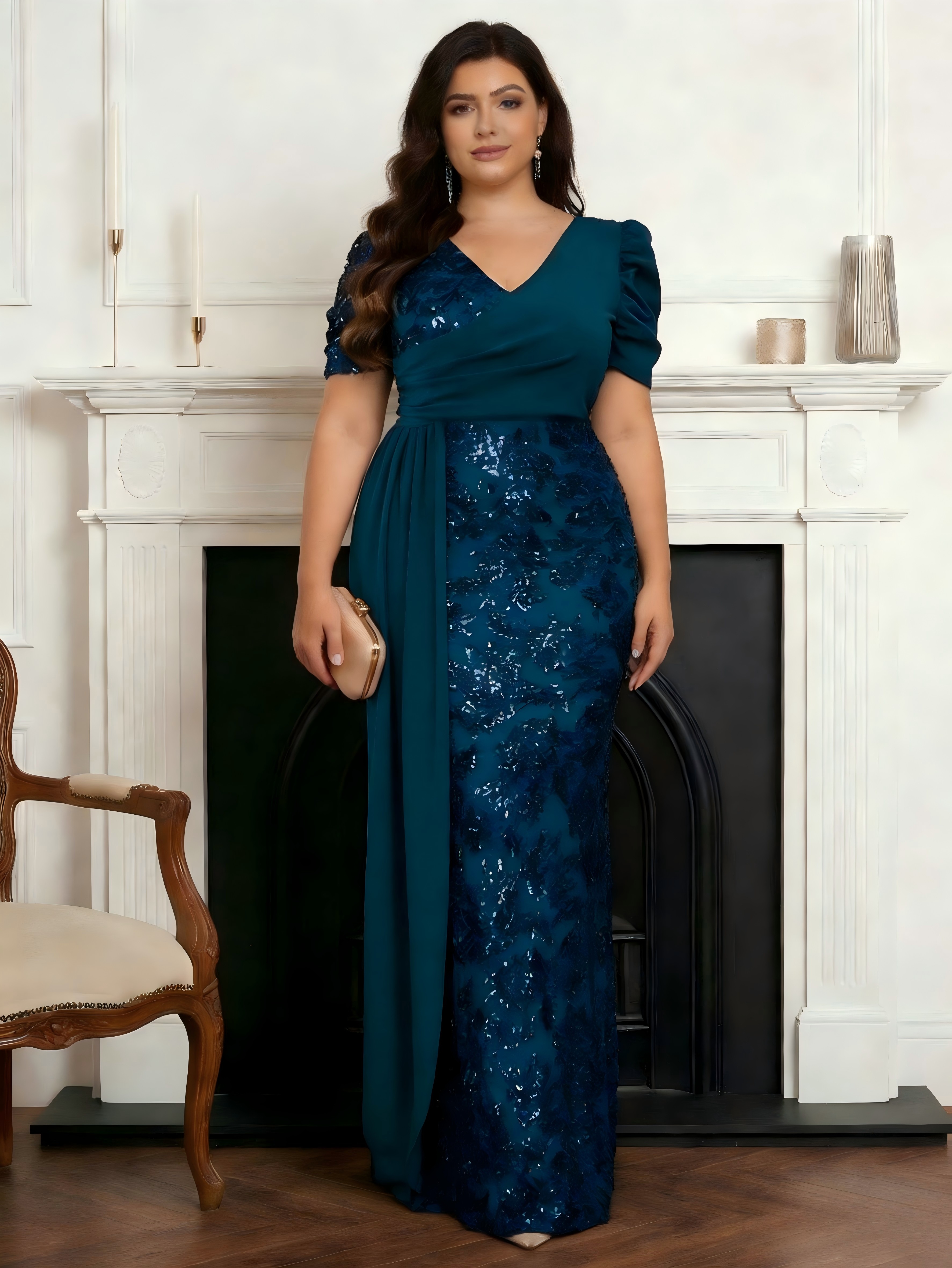 Chiffon V Neck Ruched Mermaid Lace Appliques Plus Size Mother of the Bride Dresses