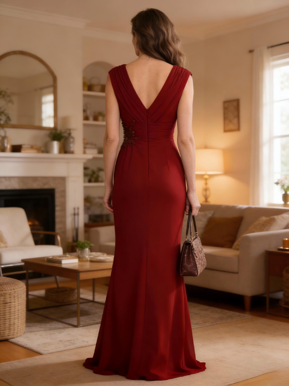 Chiffon V Neck Ruched Mermaid Lace Appliques Mother of the Bride Dresses