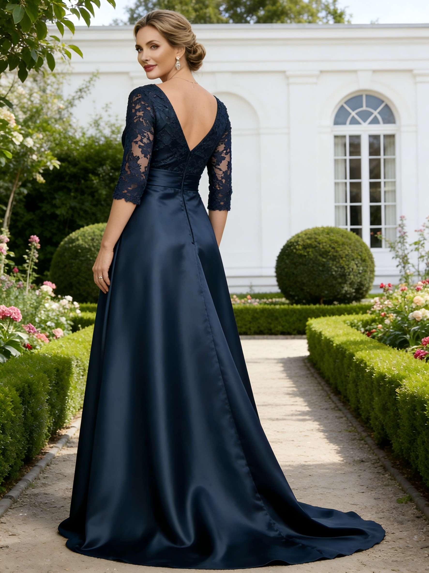 V Neck Satin Lace Appliques A Line Mother of the Bride Dresses