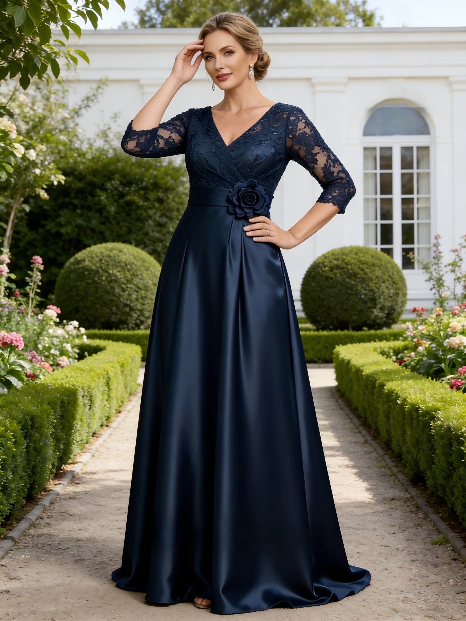 V Neck Satin Lace Appliques A Line Mother of the Bride Dresses