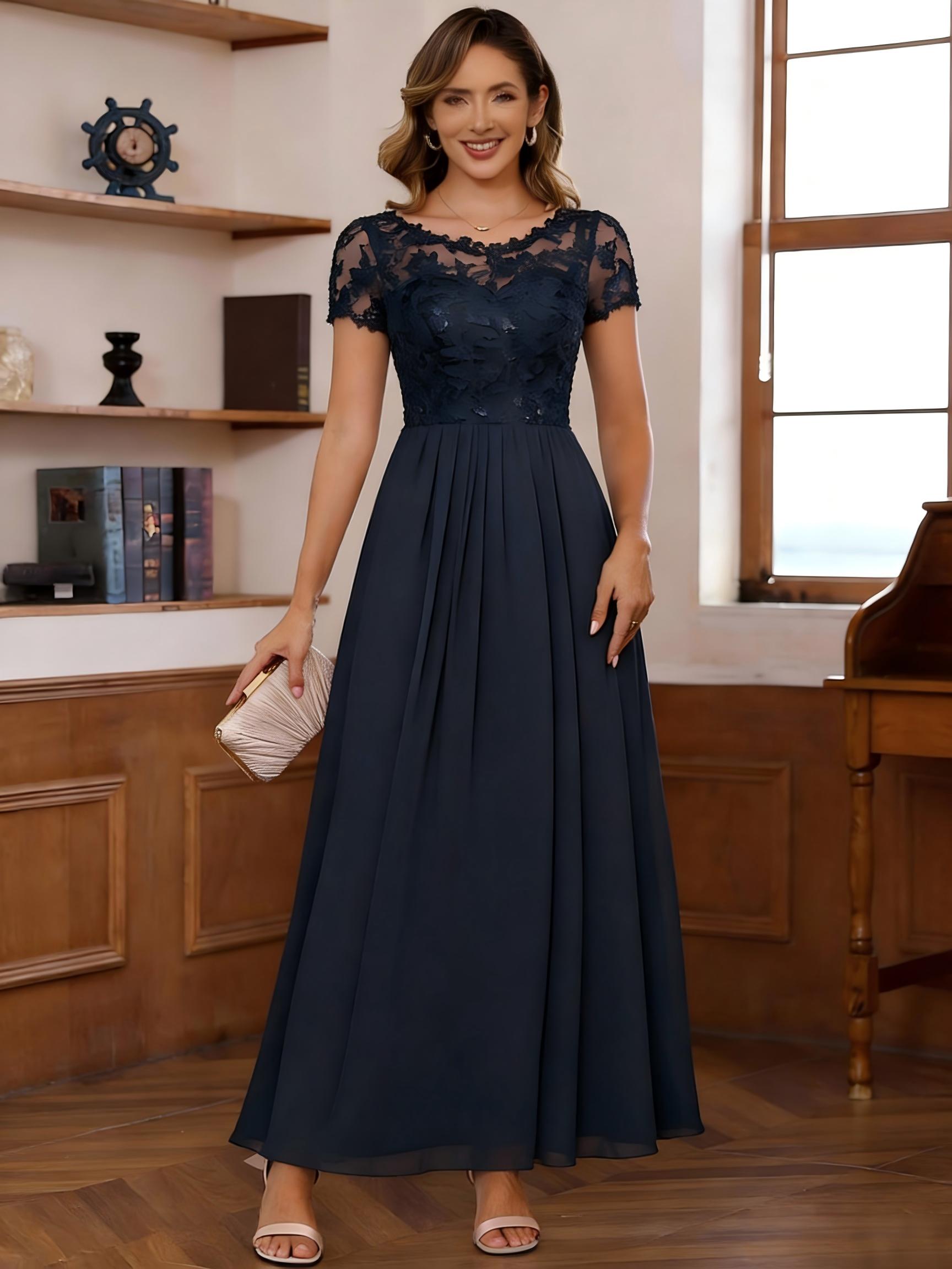 Scoop Neck Chiffon Lace Appliques A Line Mother of the Bride Dresses