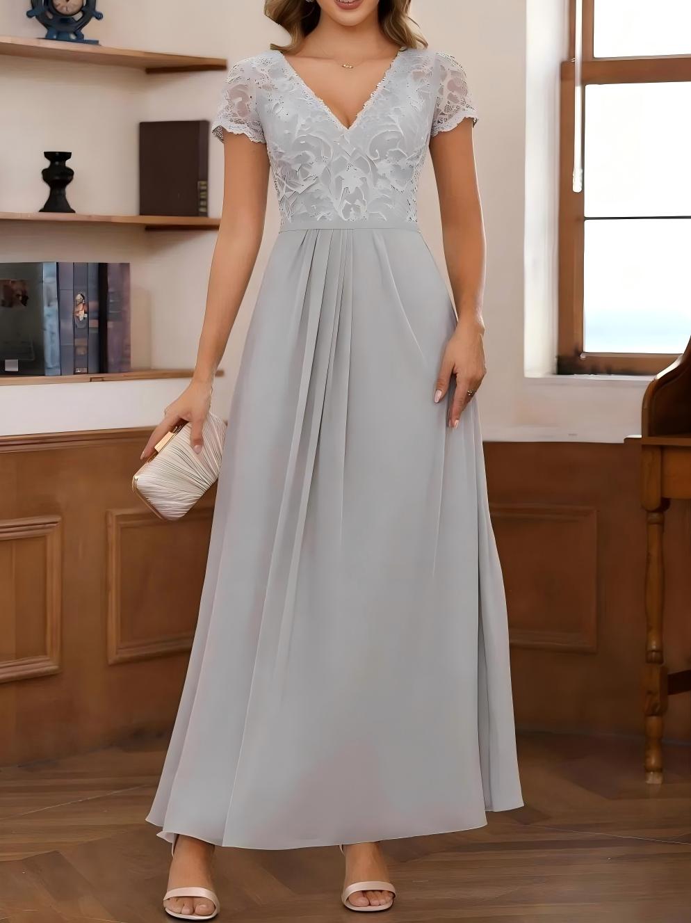 V Neck Chiffon Lace Appliques A Line Mother of the Bride Dresses