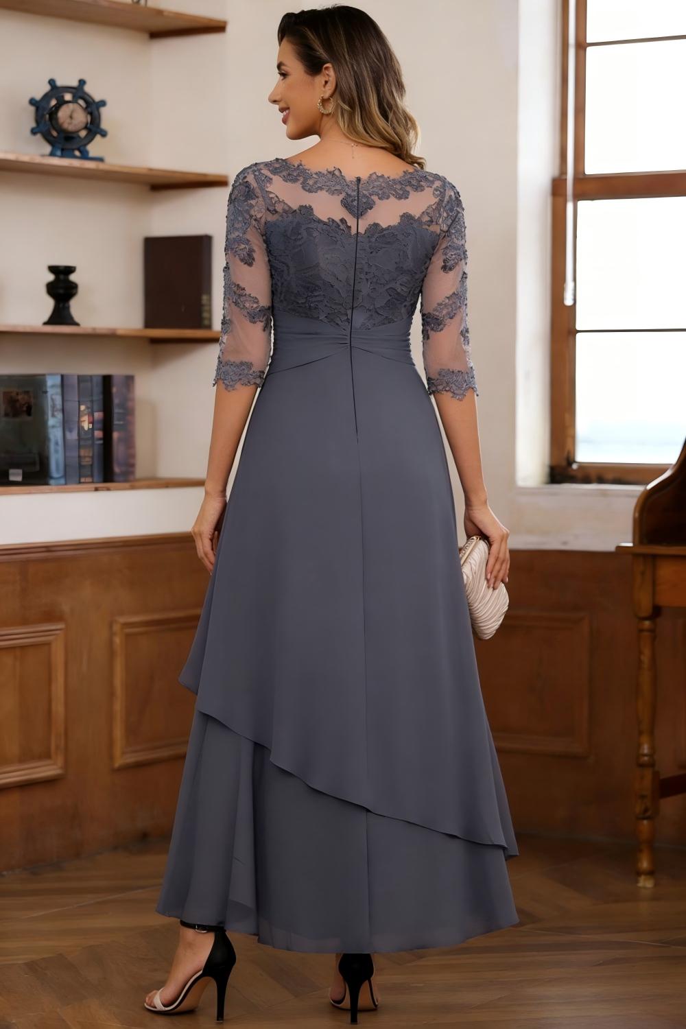 Scoop Neck Chiffon Lace Appliques A Line Asymmetrical Mother of the Bride Dresses