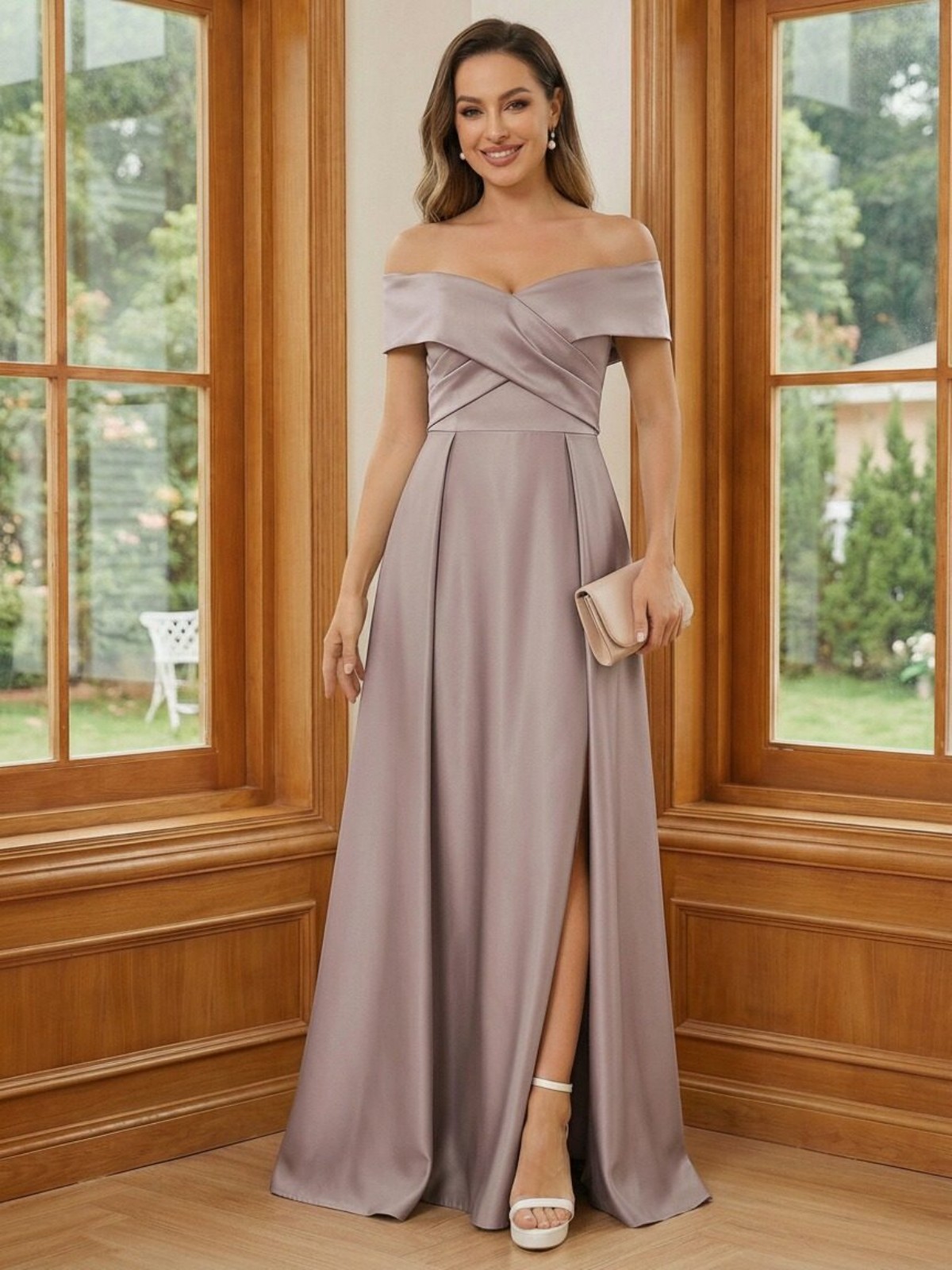 Off the Shoulder Satin Mother of the Bride Dresses with Slit