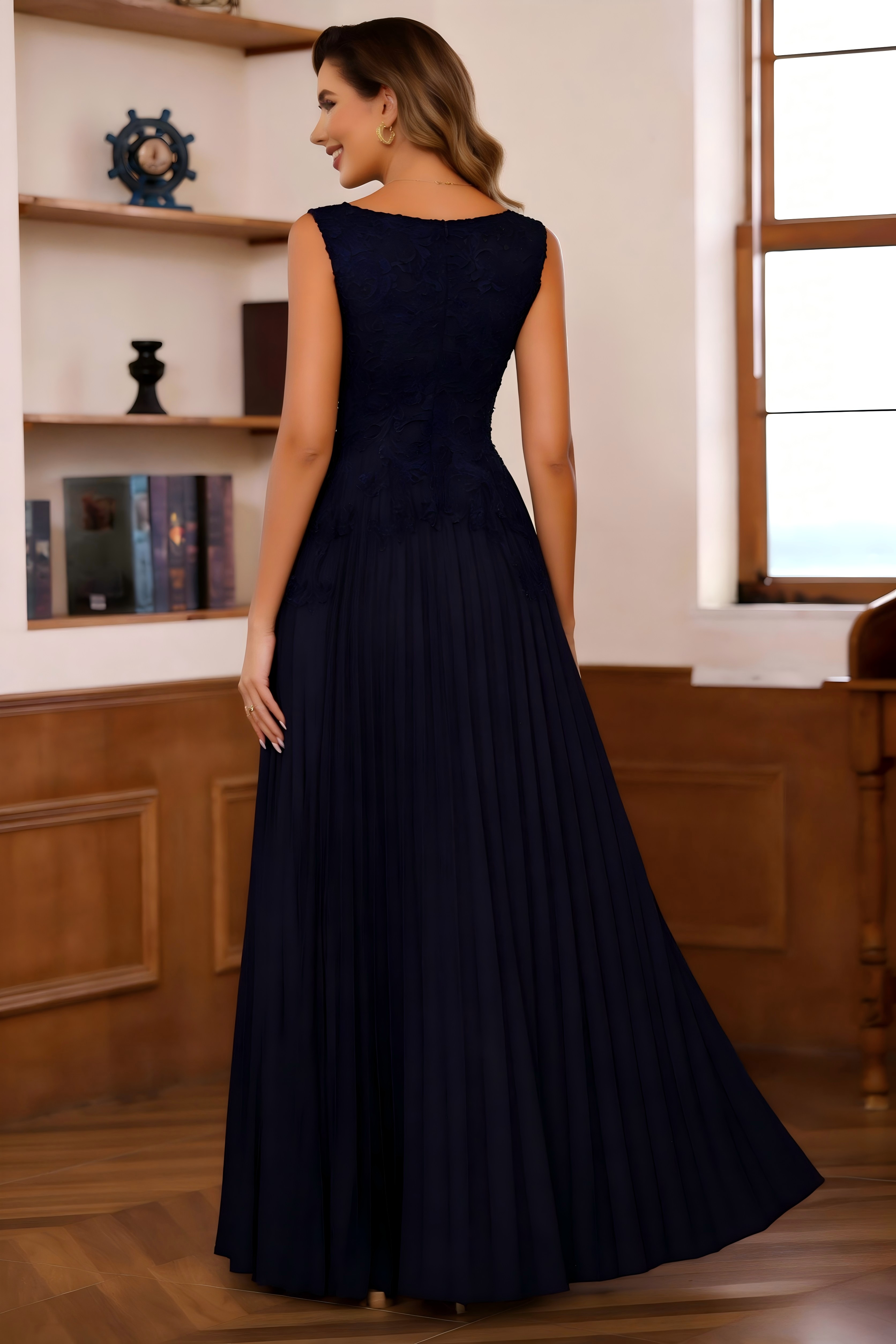 Square Neck Chiffon Lace Appliques Pleated Mother of the Bride Dresses