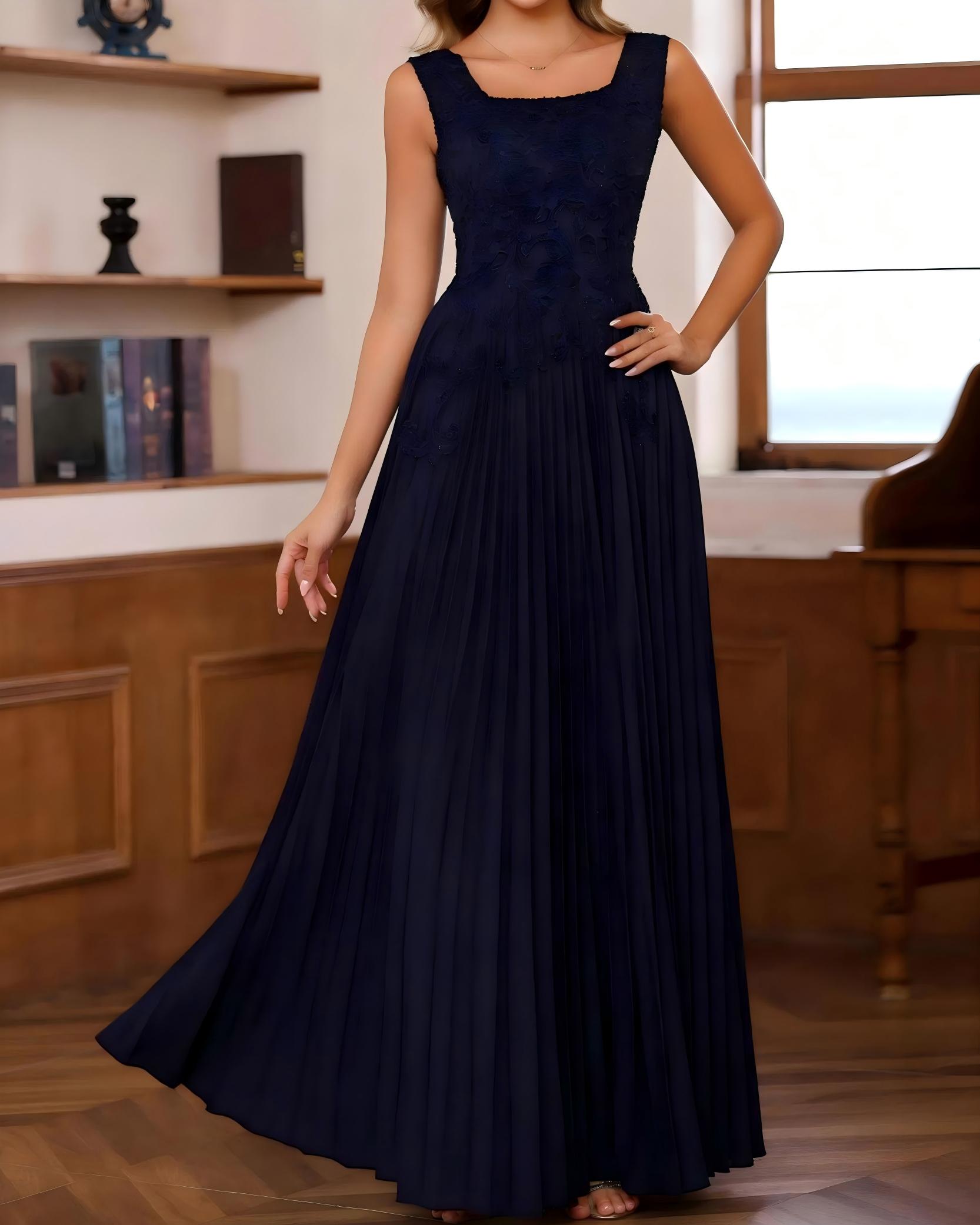 Square Neck Chiffon Lace Appliques Pleated Mother of the Bride Dresses