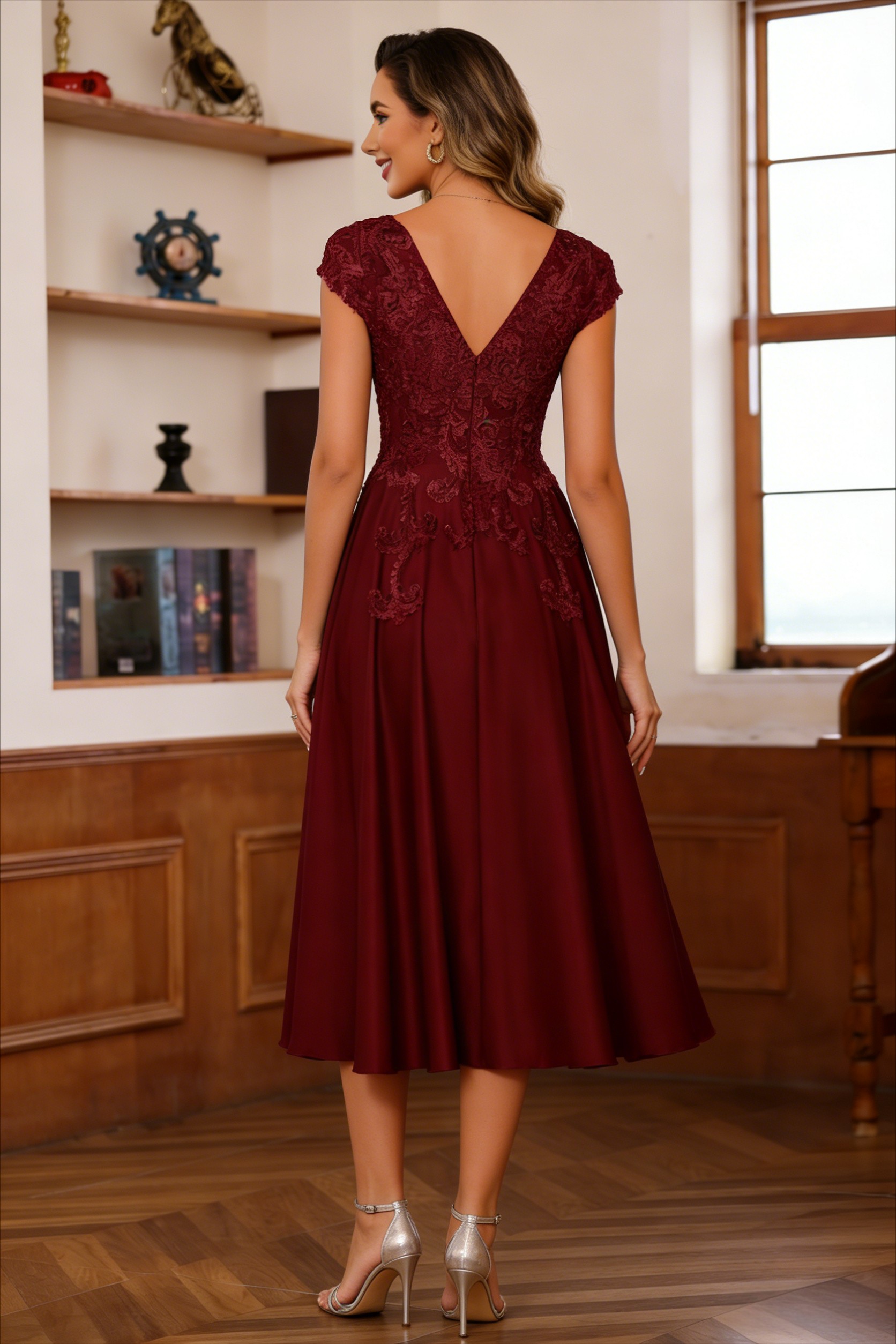 V Neck Satin Lace Appliques A Line Mother of the Bride Dresses
