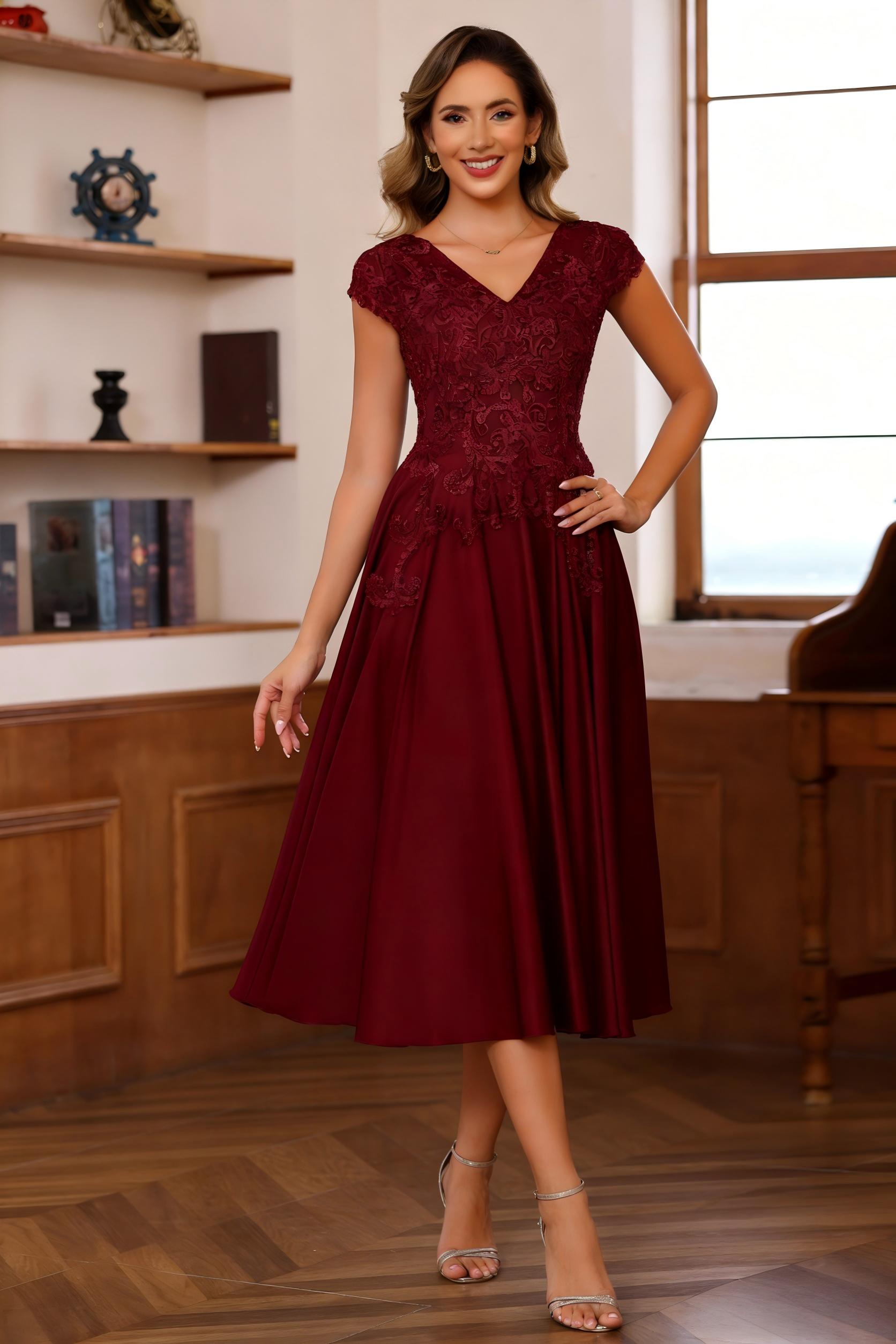 V Neck Satin Lace Appliques A Line Mother of the Bride Dresses