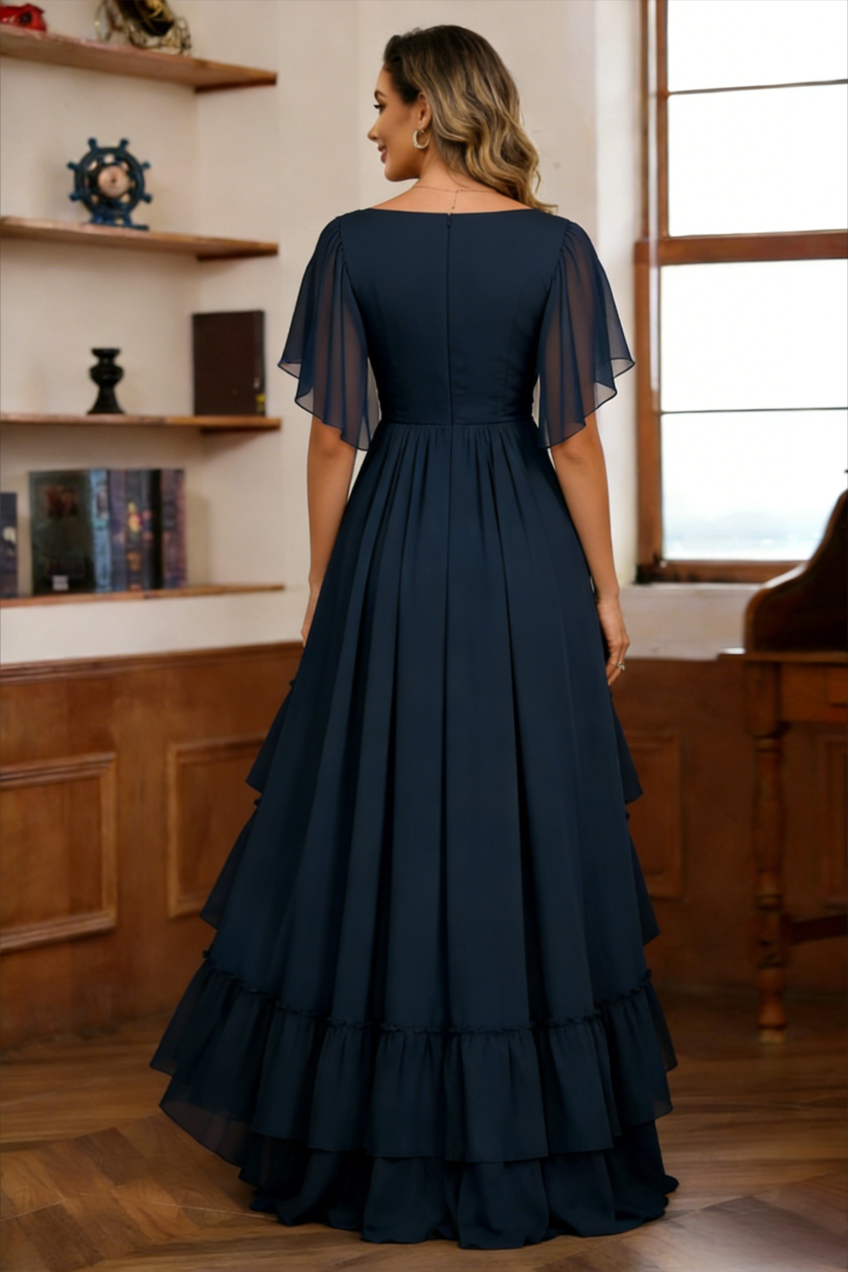 V Neck Chiffon Lace Appliques High Low Ruffles Mother of the Bride Dresses